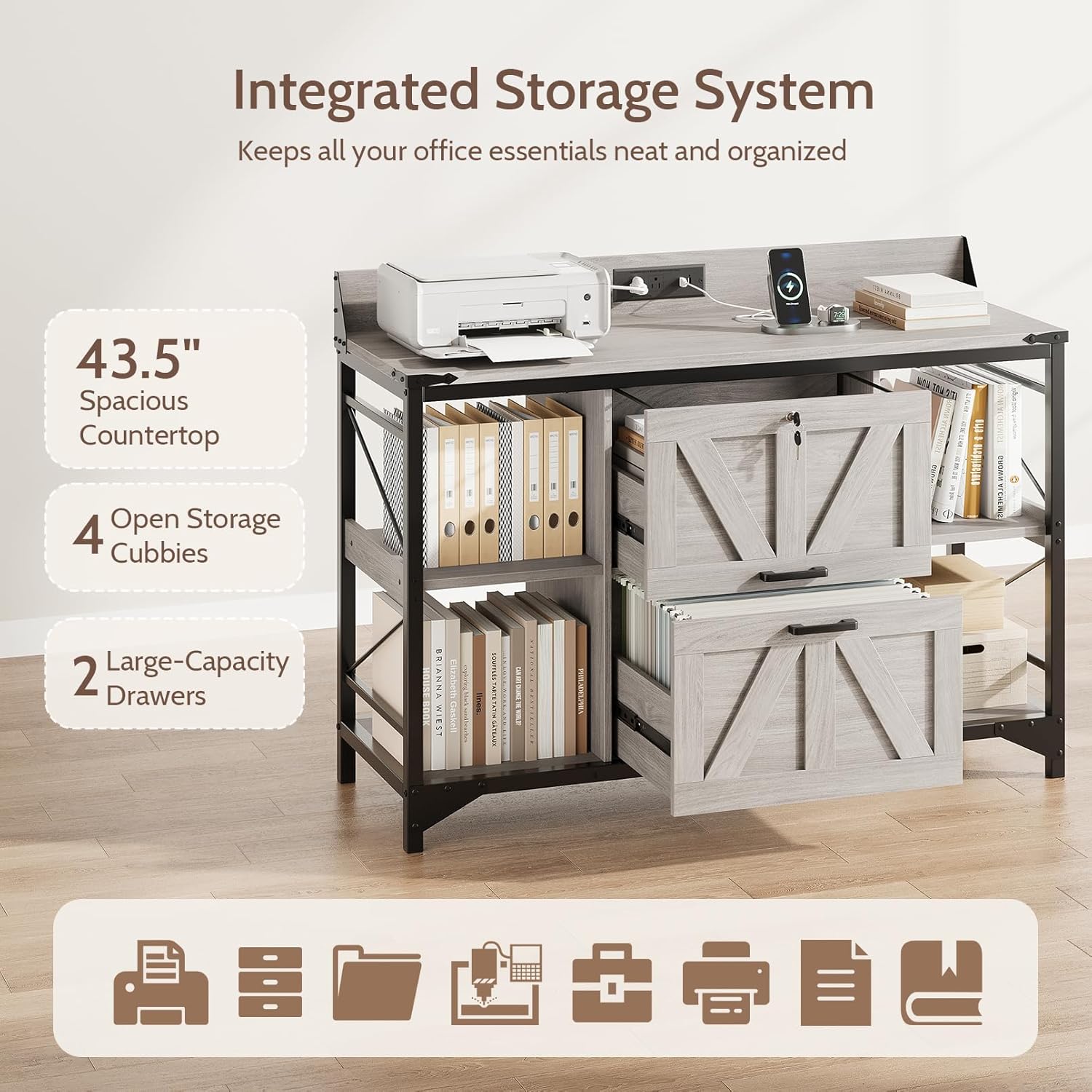 44" File Cabinet, Lateral Filing Cabinet for Home Office with 2 Drawers, Office Storage Cabinet with Lock and Key, Wooden Printer Stand with 4 Storage Shelves and Power Outlets, Office Furniture, Grey