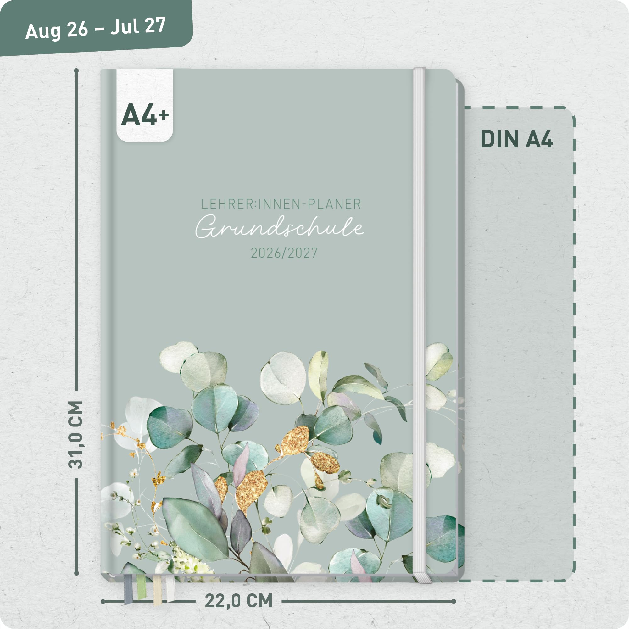 Häfft® Lehrerplaner Grundschule 2026/2027 im A4+ Format Hardcover - Schuljahr 12 Monate (Aug 26 - Jul 27) Lehrerkalender & Unterrichtsplaner für Klasse 1–4 "Minty Leaves"