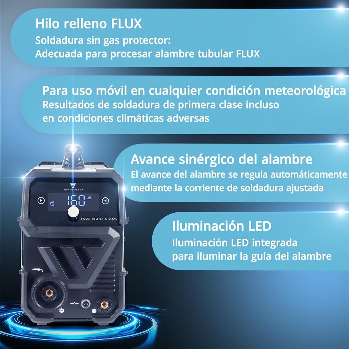 STAHLWERK Soldadora FLUX 160 ST Digital – combinada 3 en 1 con 160 A | Equipo completo con carro