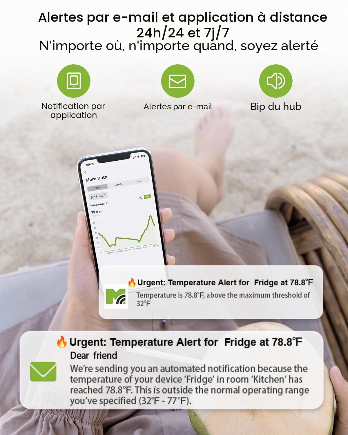 MOCREO Thermomètre et alarme de congélation avec télécommande WiFi, longue portée de 1/3 mile, sonde étanche IP67, alarme par e-mail, application avec concentrateur de moniteur numérique, 2 capteurs