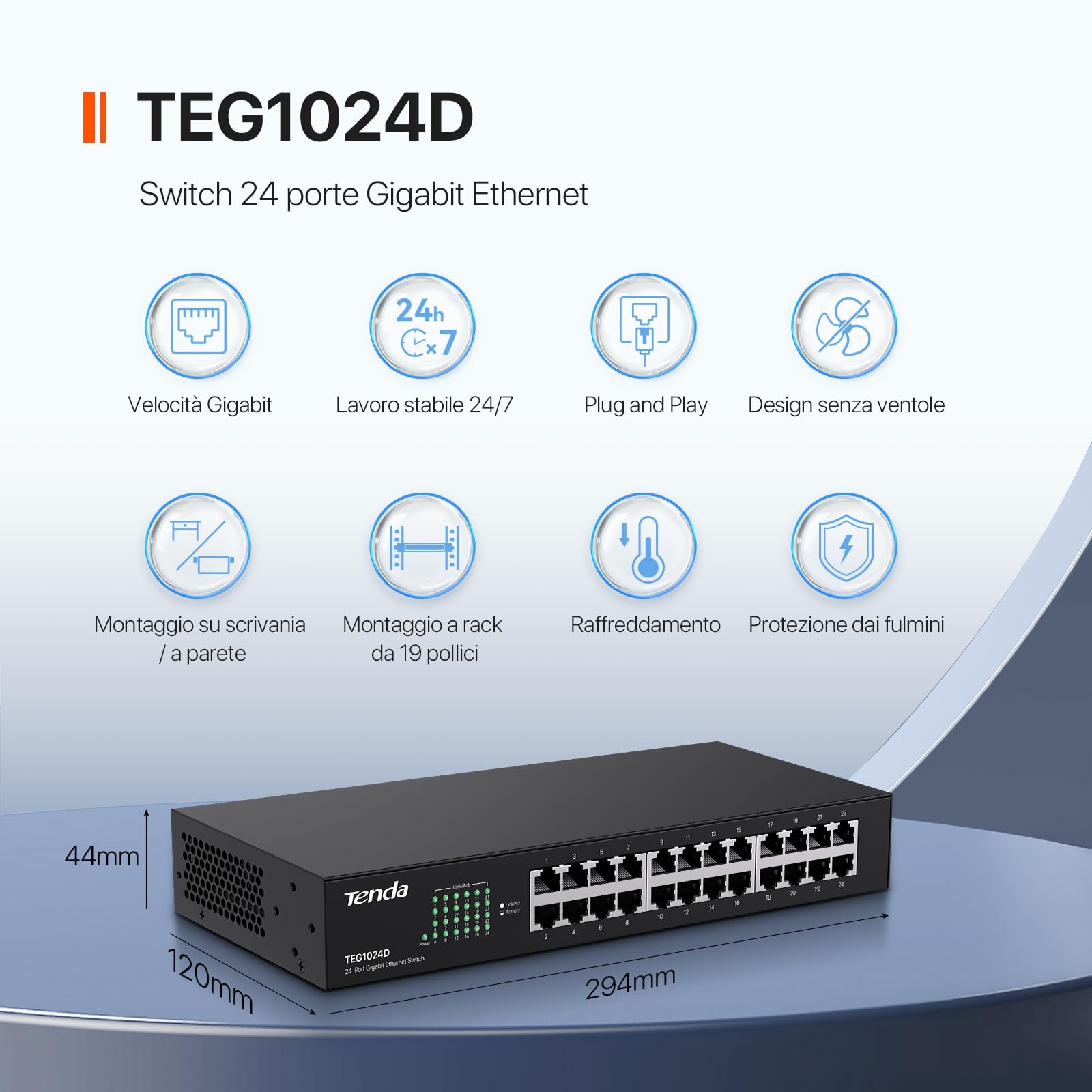 Tenda TEG1024D Switch Ethernet 24 Porte Gigabit, Switch Rete 10/100/1000 Mbps, Montaggio Desktop/Wall/Rack, Protezione Contro i fulmini, Funzionamento Silenzioso, Plug & Play, Metallo