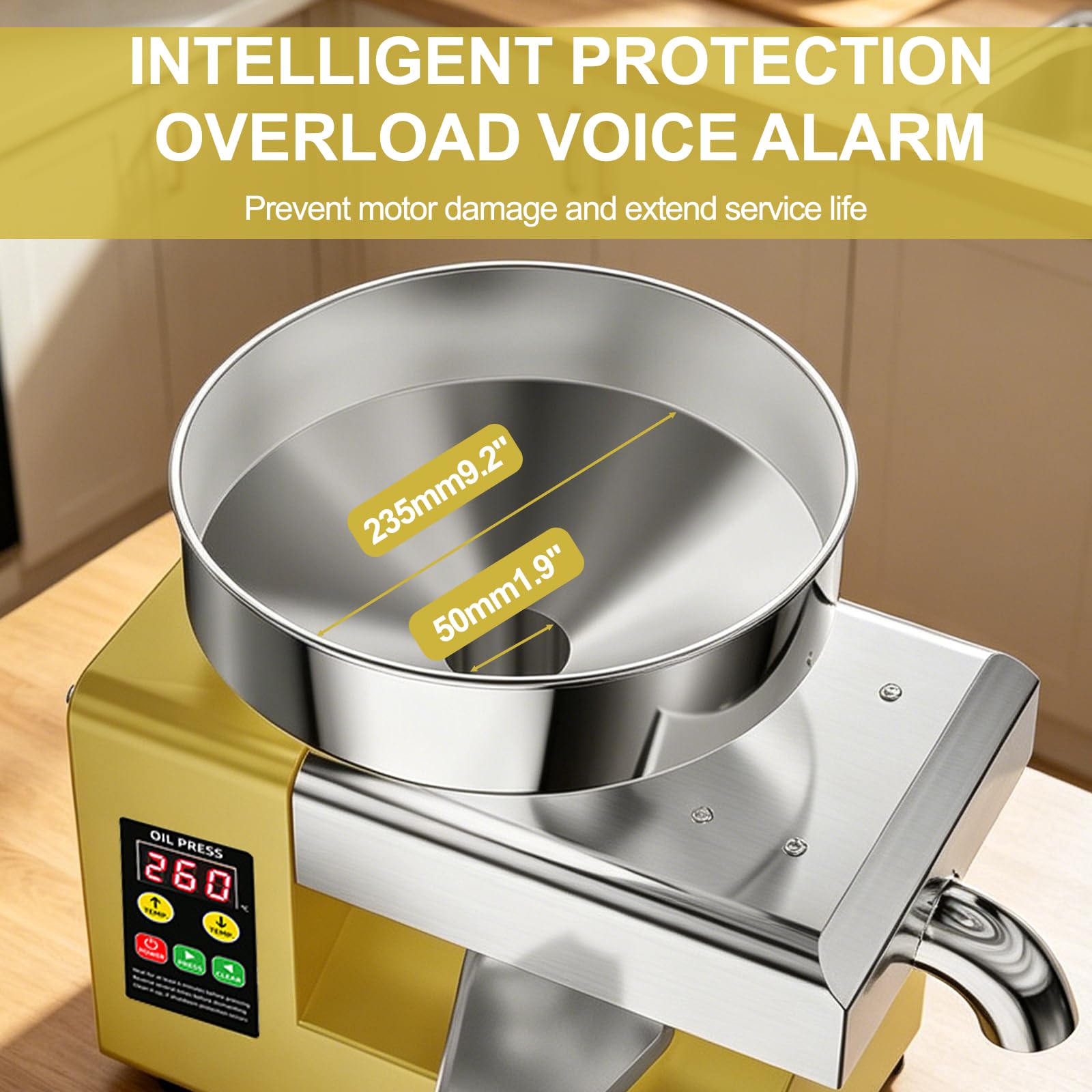 Presse à huile 1500 W, extracteur d'huile froide et chaude intelligent avec trémie de grande capacité de 235 mm, machine à huile compacte en acier inoxydable, économise de l'espace, sortie de 5 à 9 kg