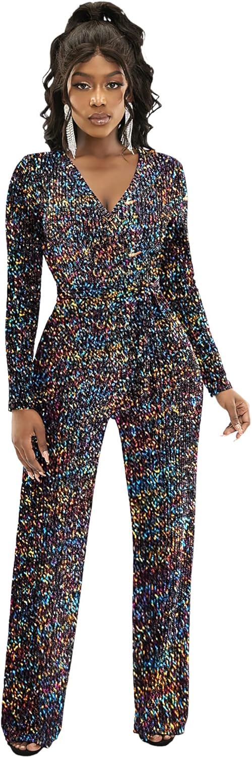 LightlyKiss Women's casual sexy V-neck sparkling jumpsuit long sleeve loose jumpsuits Fashion Club party Rompers with belt - Image 5