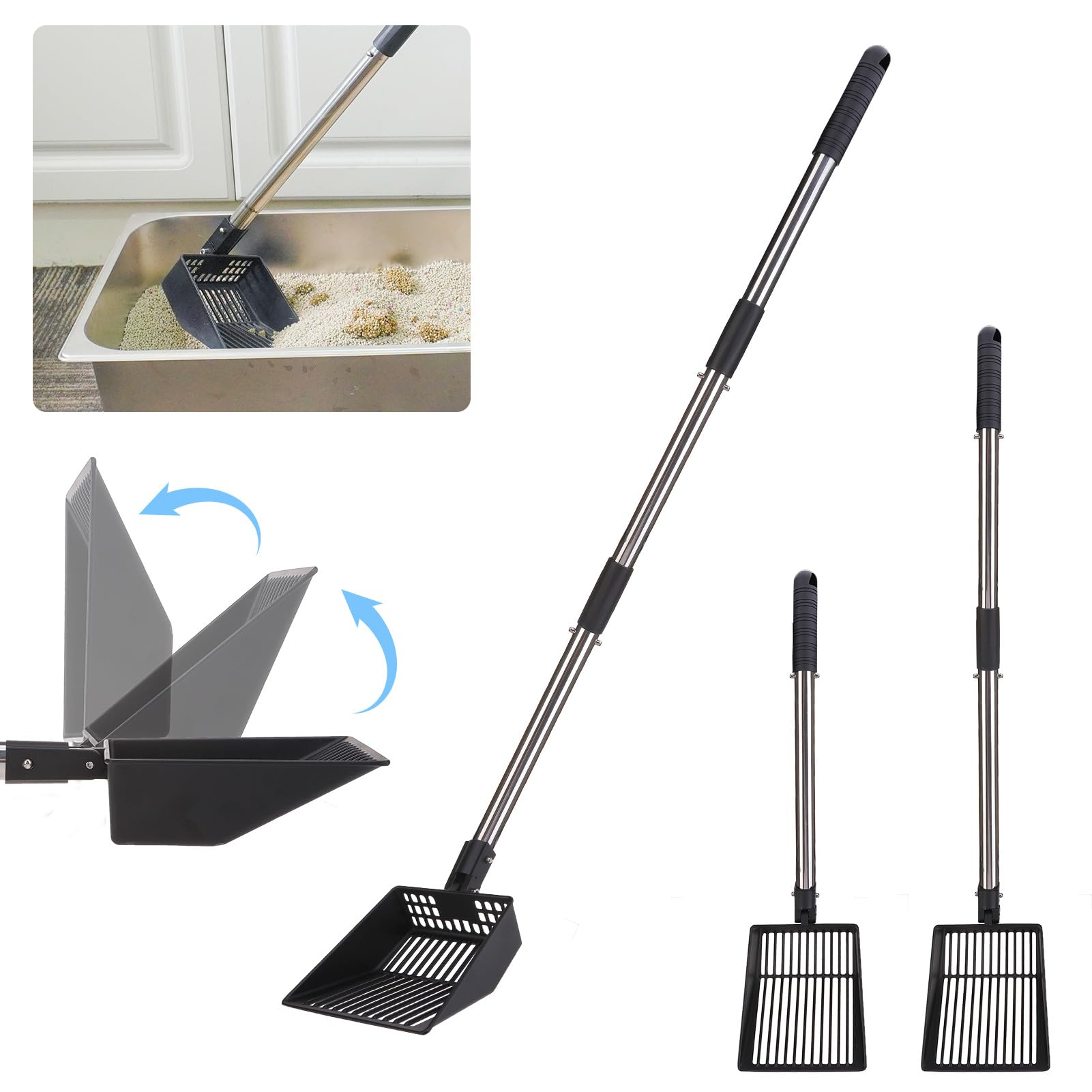 SCENEREAL Long Handle Cat Litter Scoop, Metal Litter Scooper/Chicken Poop Scooper,Adjustable to 40" No Need Bend Aluminum Deep Shovel Poop Sifting, Kitty Pooper Sifter for Litter Box, Durable