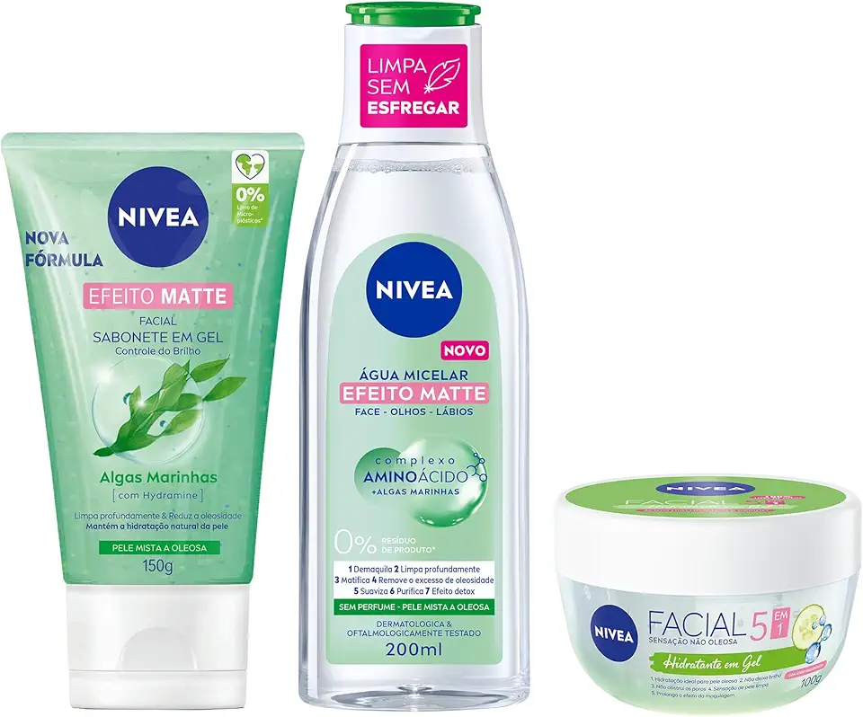NIVEA Kit Controle Do Brilho: Água Micelar Limpeza Facial 7 Em 1 200Ml + Sabonete Em Gel De Limpeza Facial 150Ml + Gel Hidratante Facial 100G