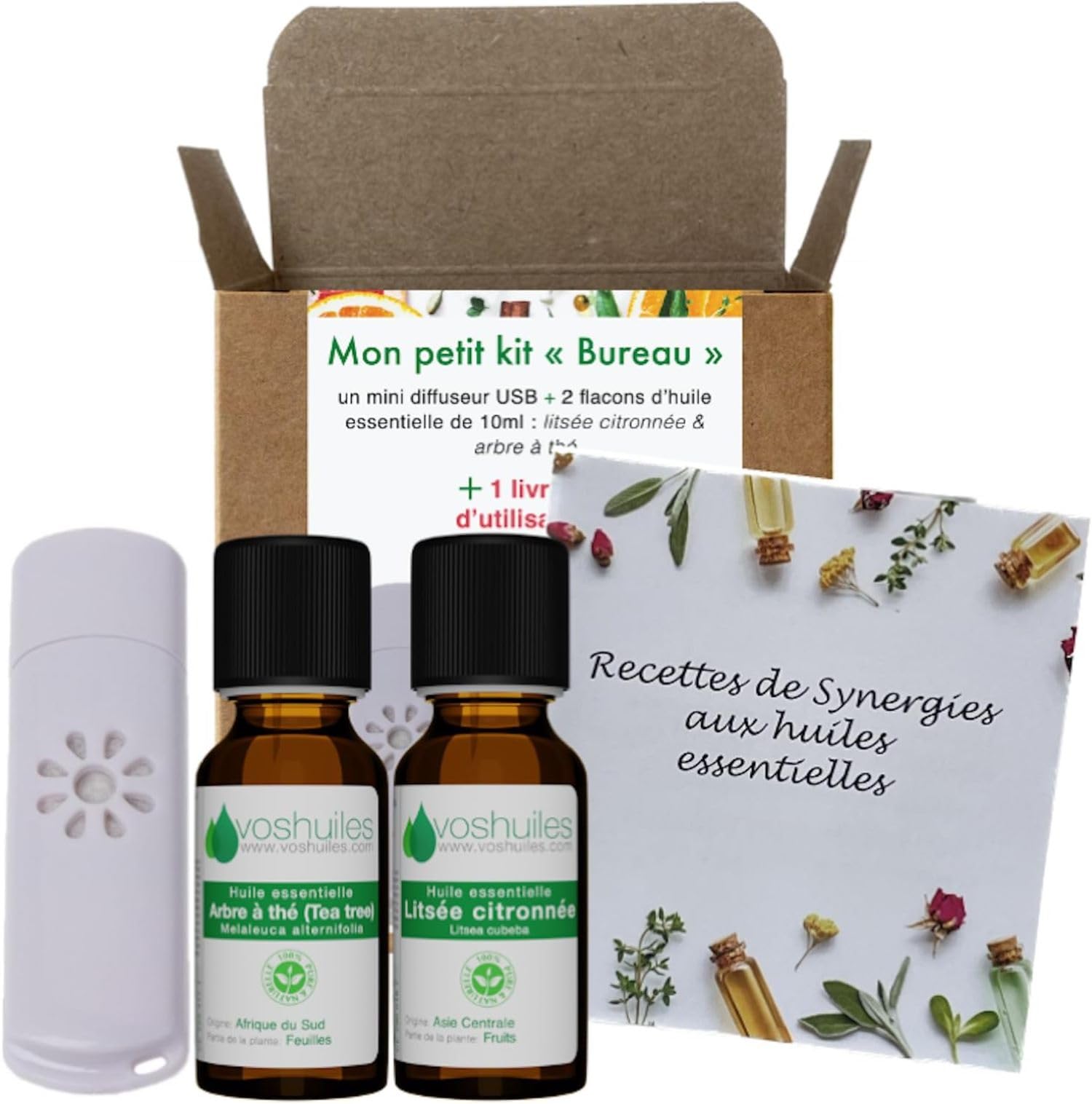 VOSHUILES - Mon Petit Kit Bureau - 2 Huiles Essentielles Bio - 100% Pure et Naturelle - HEBBD, Ecocert - Niaouli, Tea Tree - Mini Diffuseur USB Inclus - Concentration & Bien-​Être - 2x10ml
