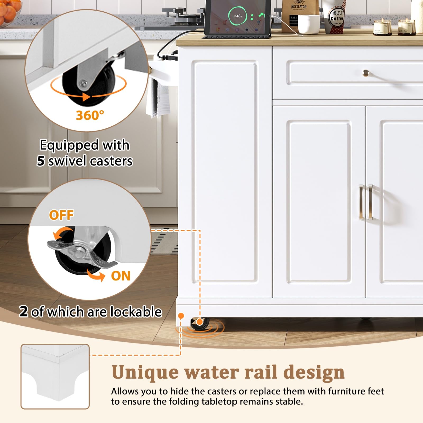 YEHTOKHOME Îlot de Cuisine avec 2 Prises et USB, Chariot de Cuisine avec Plan Rabattable, Poubelle Intégrée, 2 Tiroirs, 2 Portes, roulettes Freinables, pour Salle a Manger (C-Blanc)