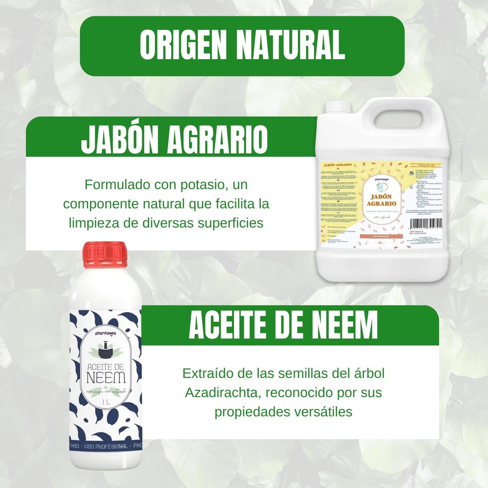 PLANTAWA Pack Jabón Potásico 5L + Aceite de Neem 1L | Solución Multiusos | Fácil Aplicación y Máxima Eficacia | Versátil | Uso en Interior y Exterior | Productos de origen natural