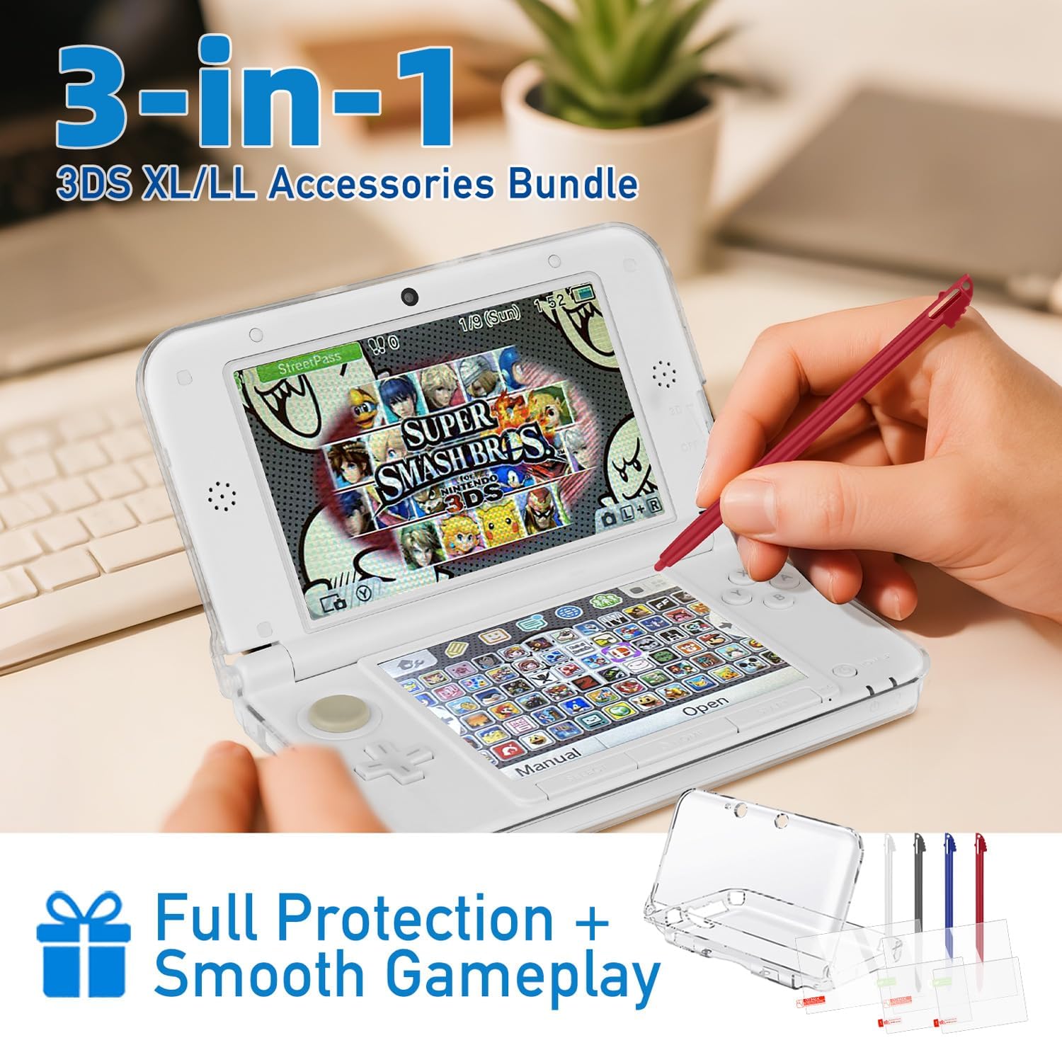 inRobert 3 in 1 Accessories kit for Nintendo 3DS LL/XL, with Clear Hard Case, Screen Protectors (Tempered Glass & PET) and Stylus Pens Compatible with 3DS XL/LL Console — view 3