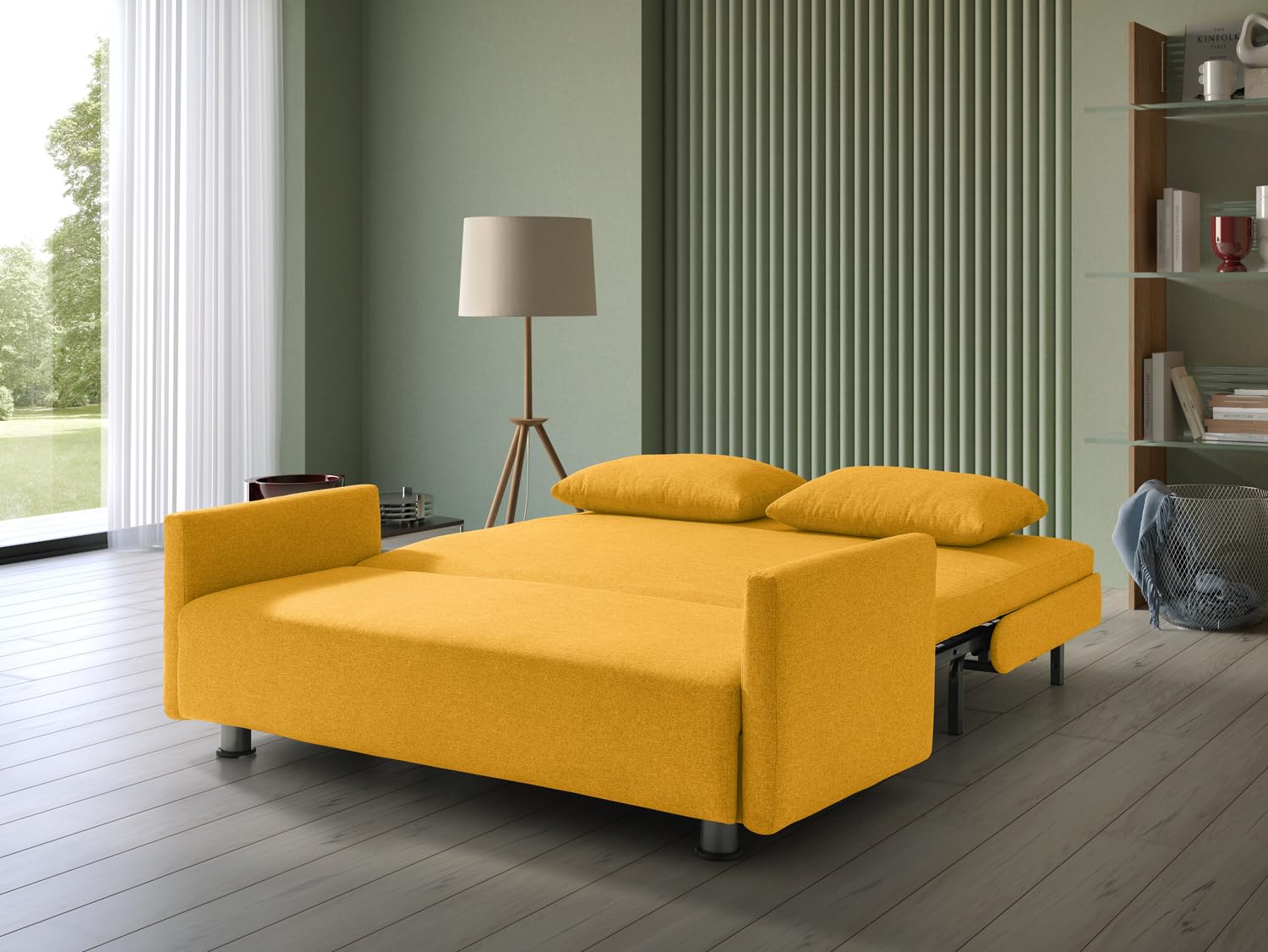 EVERGREENWEB Canapé-lit 2 Places Convertible en Lit avec Matelas 140x190 Effet Massant 0rthopédique, Extensible Sofa Bed Pliable, Housse Déhoussable et Lavable Couleur Jaune, 2 Coussins Inclus | EDITH