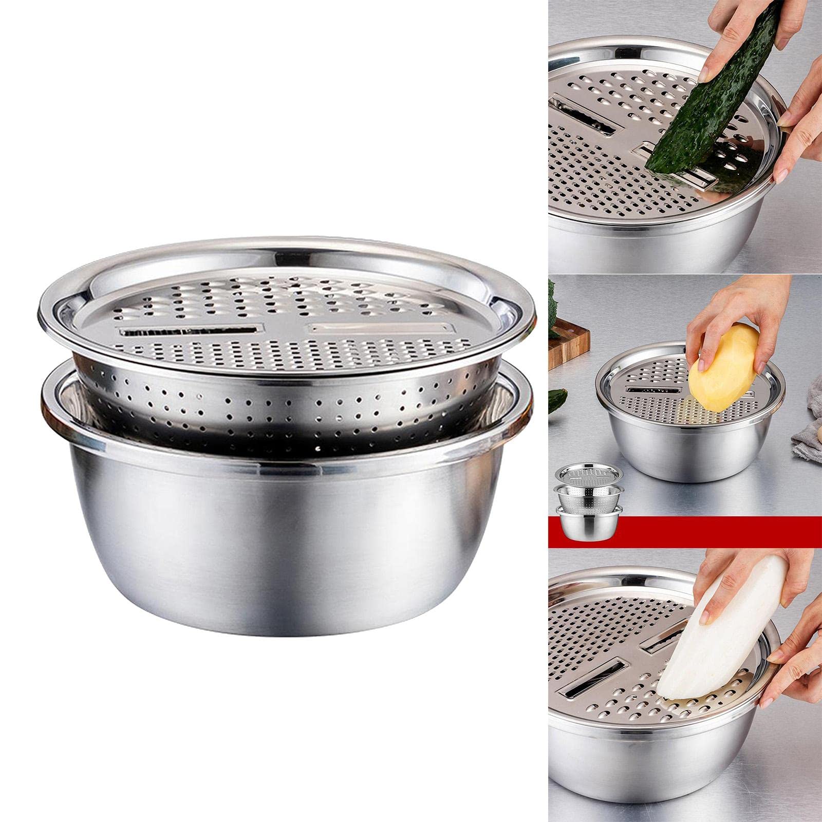 2 Set Edelstahl Küchensieb mit Gemüseschneider und Siebkorb, Salatbereiter Schüssel und Reibe, stapelbares Design