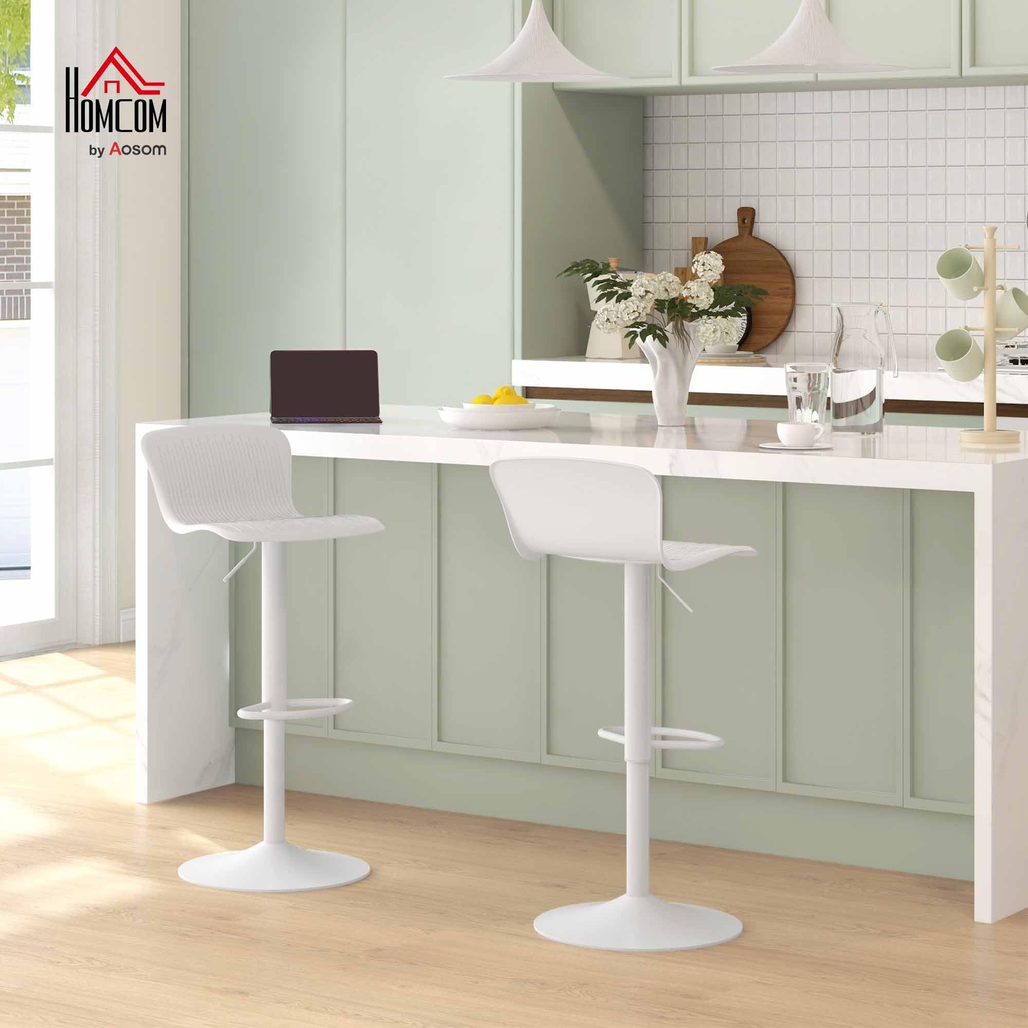 HOMCOM Set 2 Sgabelli da Bar con Schienali Ergonomici, Poggiapiedi, Sgabelli Cucina Alti Regolabili in Polipropilene con Seduta Girevole e Base Antiscivolo per Sala da Pranzo, Penisola Cucina, Bianco