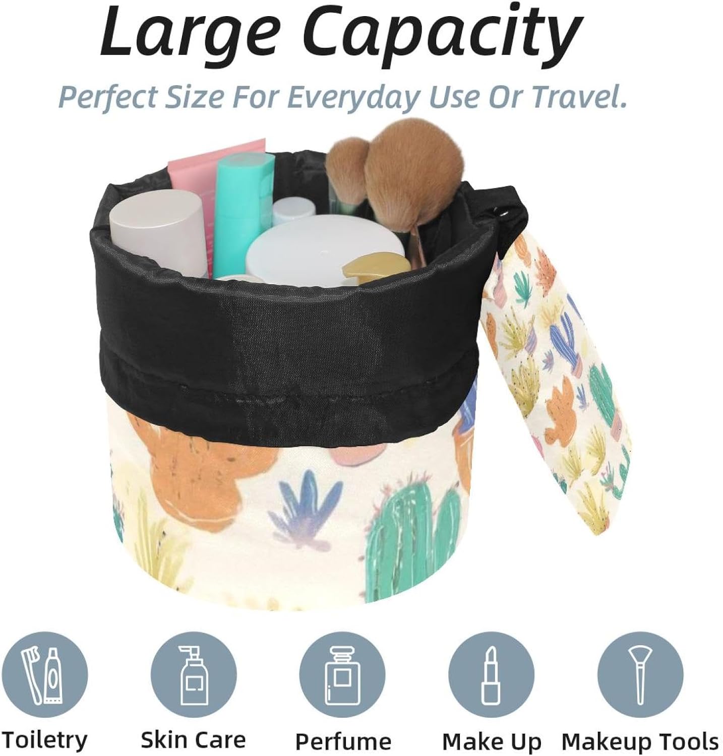 2PCS Colorful Cactus-9 Travel Cosmetic Bag Makeup Organizer Bag Bathroom Cases Toiletry Bag with Drawstring (Cylindrical bag and small bag) image 2