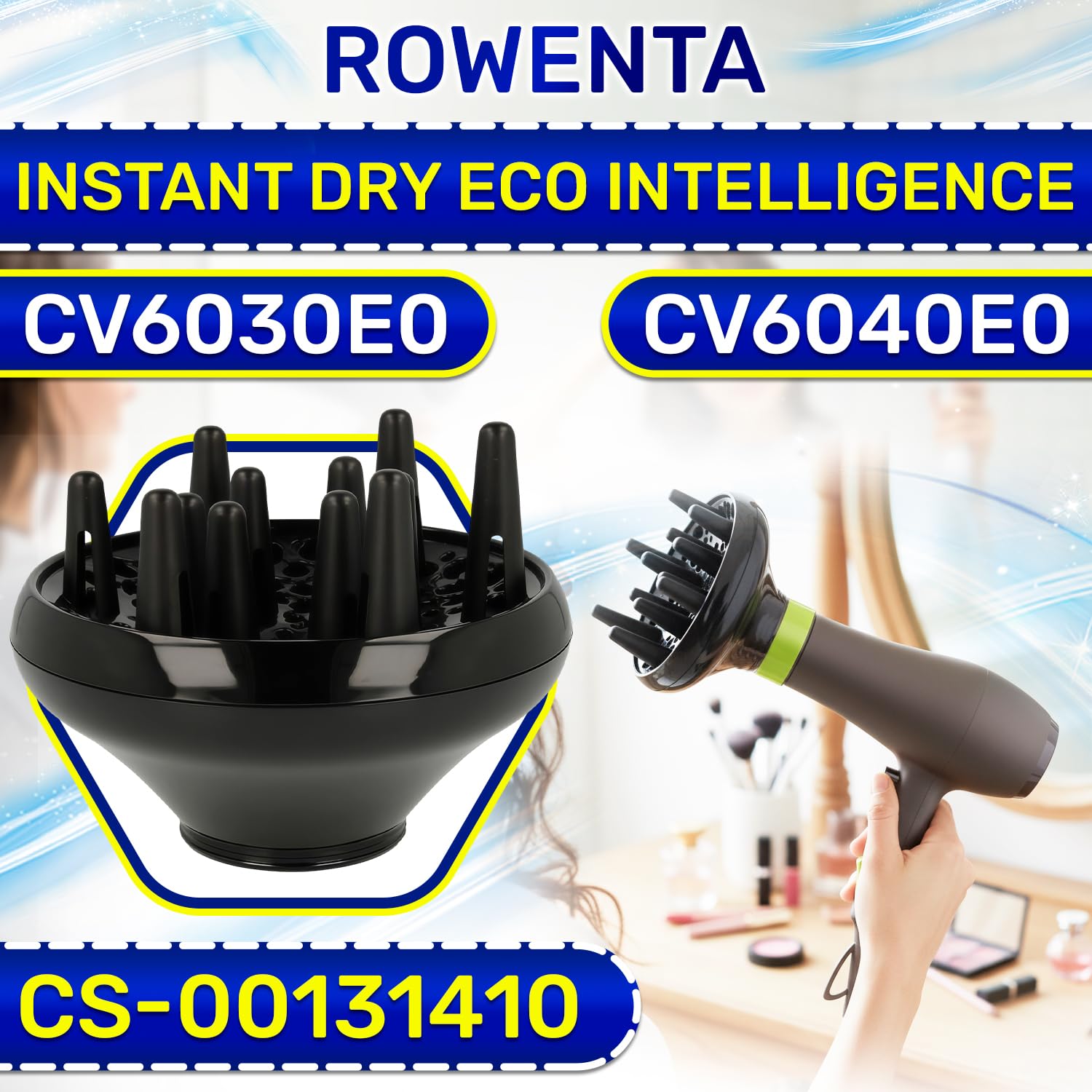 Diffusore Capelli Ricci per Phon Capelli con Codice Originale CS-00131410 per Rowenta Instant Dry Eco Intelligence CV6030E0 CV6040E0 - Garanzia di 10 Anni - MONTERAL