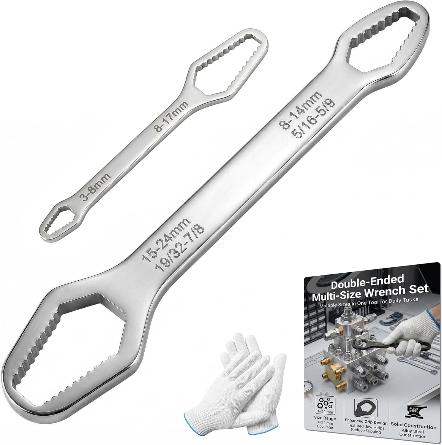 Self Adjusting Universal Wrench Set, Locking Multifunctional 3-24mm Tool, Double Ended Design for Shower Heads, Car Repair and Torx Fasteners, One Tool for Home and Garage (2 Silver)