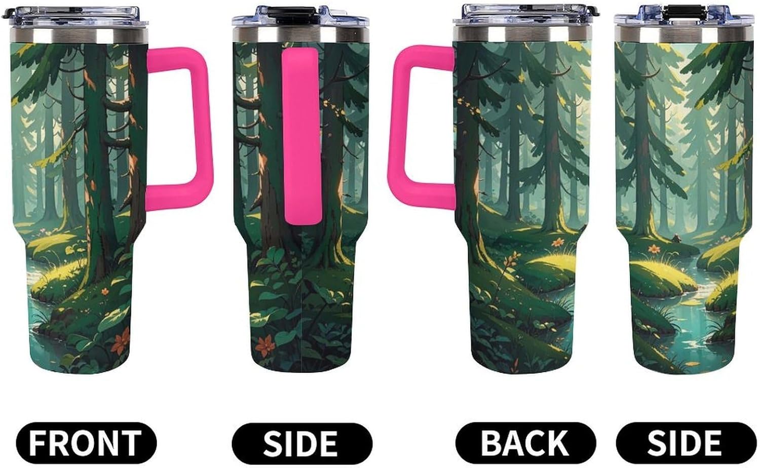 Enchanted Wilderness Fantasy on Dark Green Travel Coffee Mug Reusable Durable Stainless Steel Insulated Tumbler with Handle And Straw Leak Resistant Portable Thermal Cup Gifts for Men Women 40 Oz