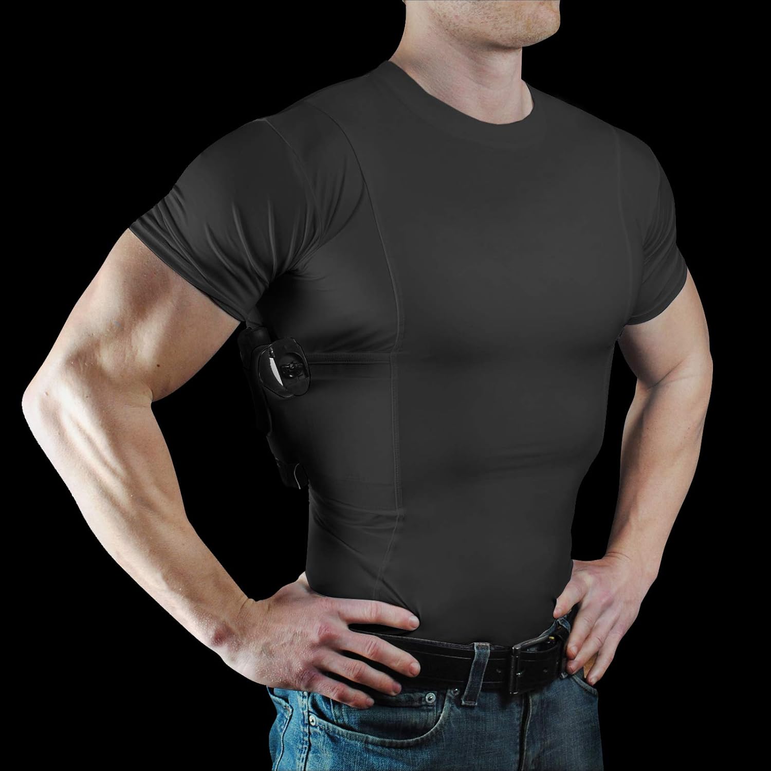 Men’s Pistol Holster Undershirt for CCW Concealed Carry, Crew Neck, All-Day-Comfort Easy Breathe Compression Fabric