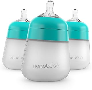 Nanobebe Flexy Silicone Baby Bottles 9oz 3-Pack Teal - Anti-Colic Vented Nipple, Natural Breast Feel, Stable Base, Easy Clean