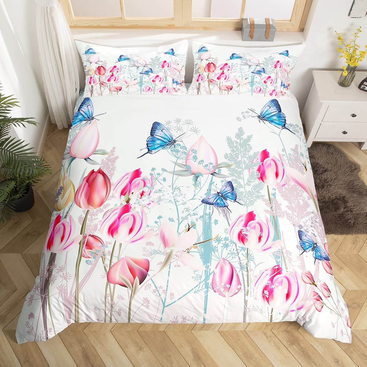 Housse de couette fleurs roses grand lit enfant avec 2 taies d'oreiller pour chambre bucolique