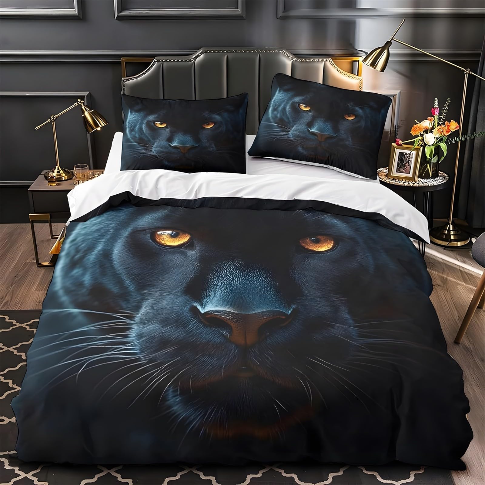 Ypthriline Single Duvet Cover Set Black Panther Bedding Set Microfiber Animals Duvet Covers with Pillowcases Reversible Bedding With Zipper Closure 135x200CM