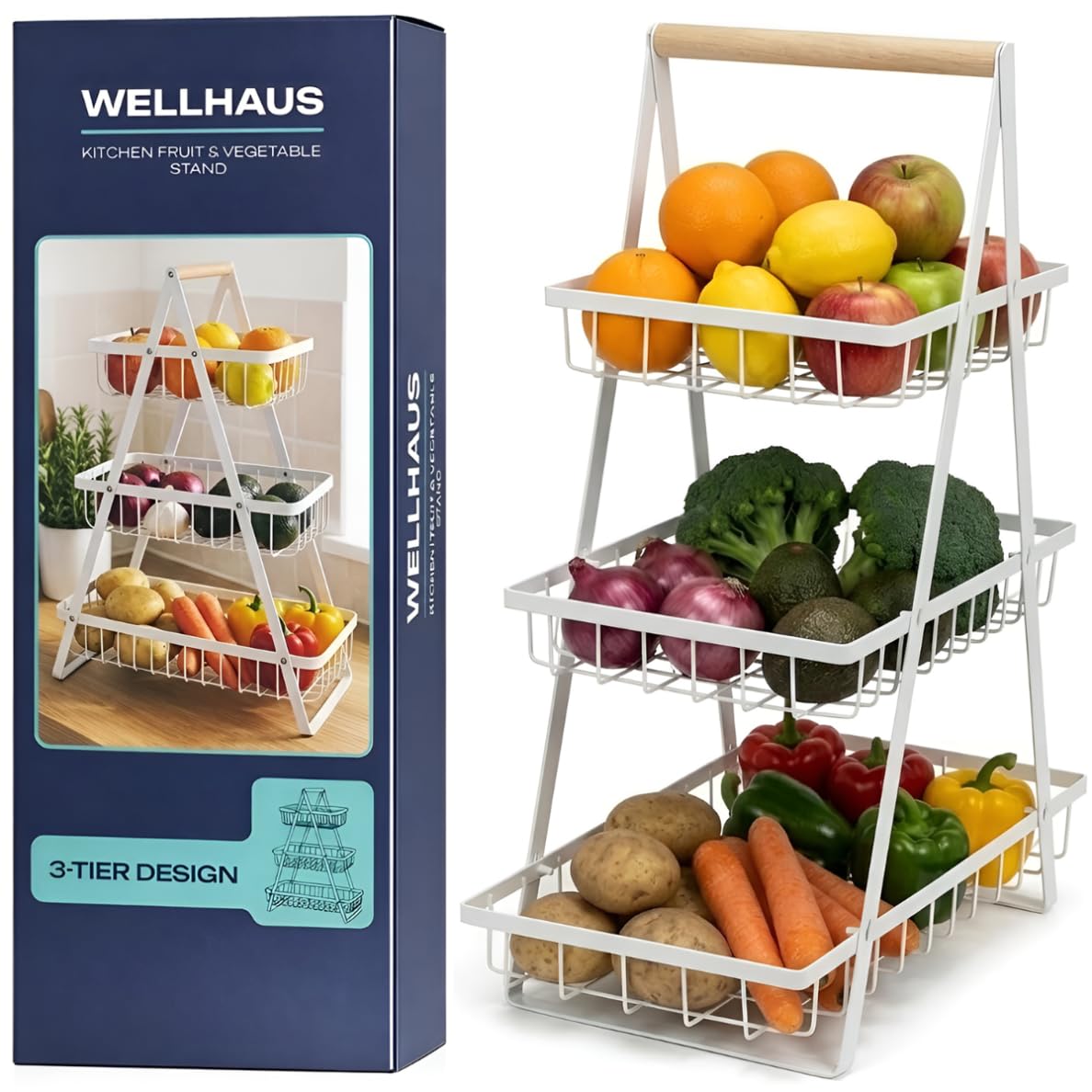 Portafrutta a 3 Ripiani – Contenitore per Frutta e Verdura per Piano di Lavorazione Cucina, Cestino per Frutta e Verdura a 3 Livelli, Contenitore Multipiano per Verdura, Cucina in Metallo