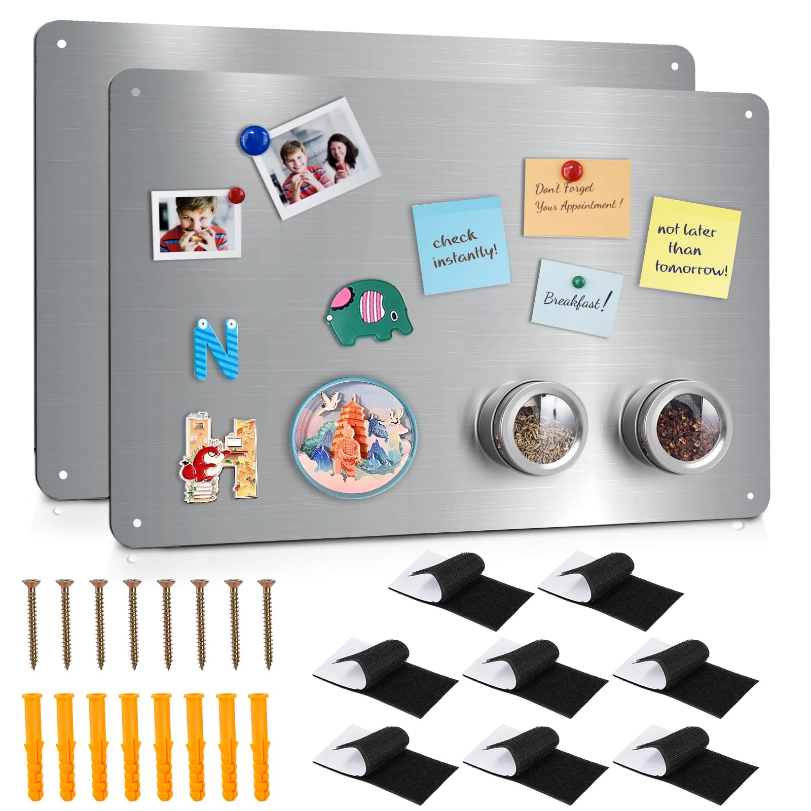 Bekith 2 Pack Stainless Steel Magnetic Board, 17.1" x 11.8" Magnet Bulletin Board to Display Magnetic Letters Numbers, Notes, Poetry, Photos, Spice Jars, Suitable for Wall, Refrigerator, Cabinet-image-5