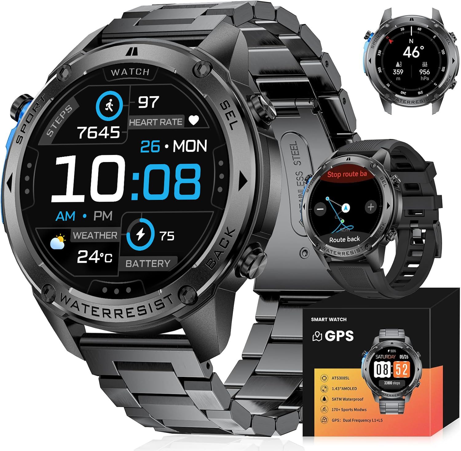 LIGE DM2 smartwatch uomo GPS/bussola/barometro/altimetro, display Amoled  170+ modalit� sportive, 5 ATM, batteria 45+ giorni, in acciaio inox nero  per Android iOS : Amazon.it: Elettronica