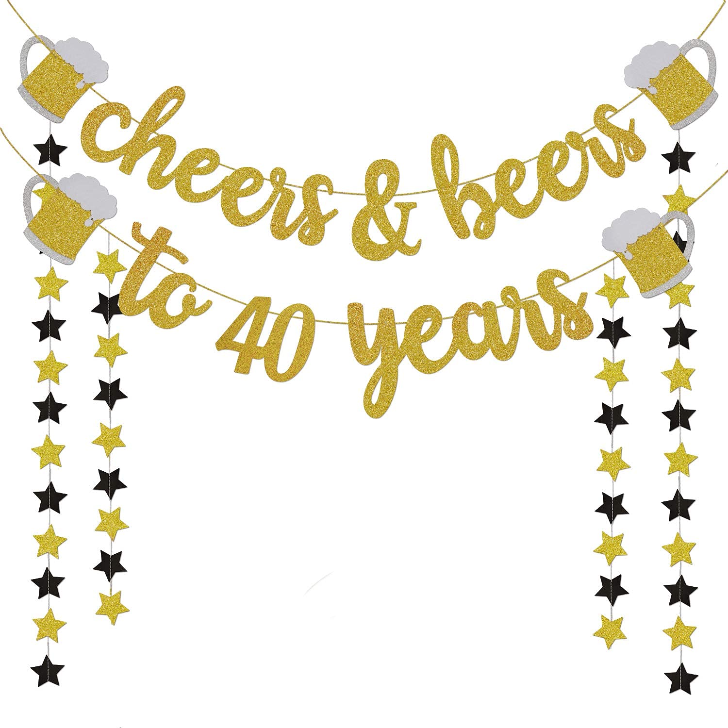 Cheers &amp; Beers to 40 Years Gold Glitter Banner - 40th Birthday Decorations for Him / Her - 40th Birthday Gifts - 40 Years Anniversary Decorations - 40th Wedding Party Supplies for Men / Women