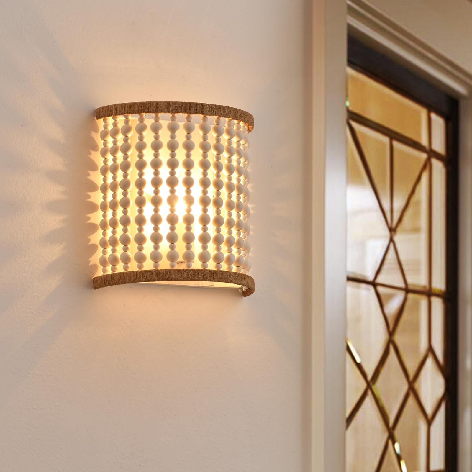 MhyTogn Boho Wall Sconce Set of 2, with Bohemia Wood Beaded and Hand Rope Knit Shade, White Brush Paint Finish for Vanity Stairway Fireplace Living Room Bedside Passway Hallway