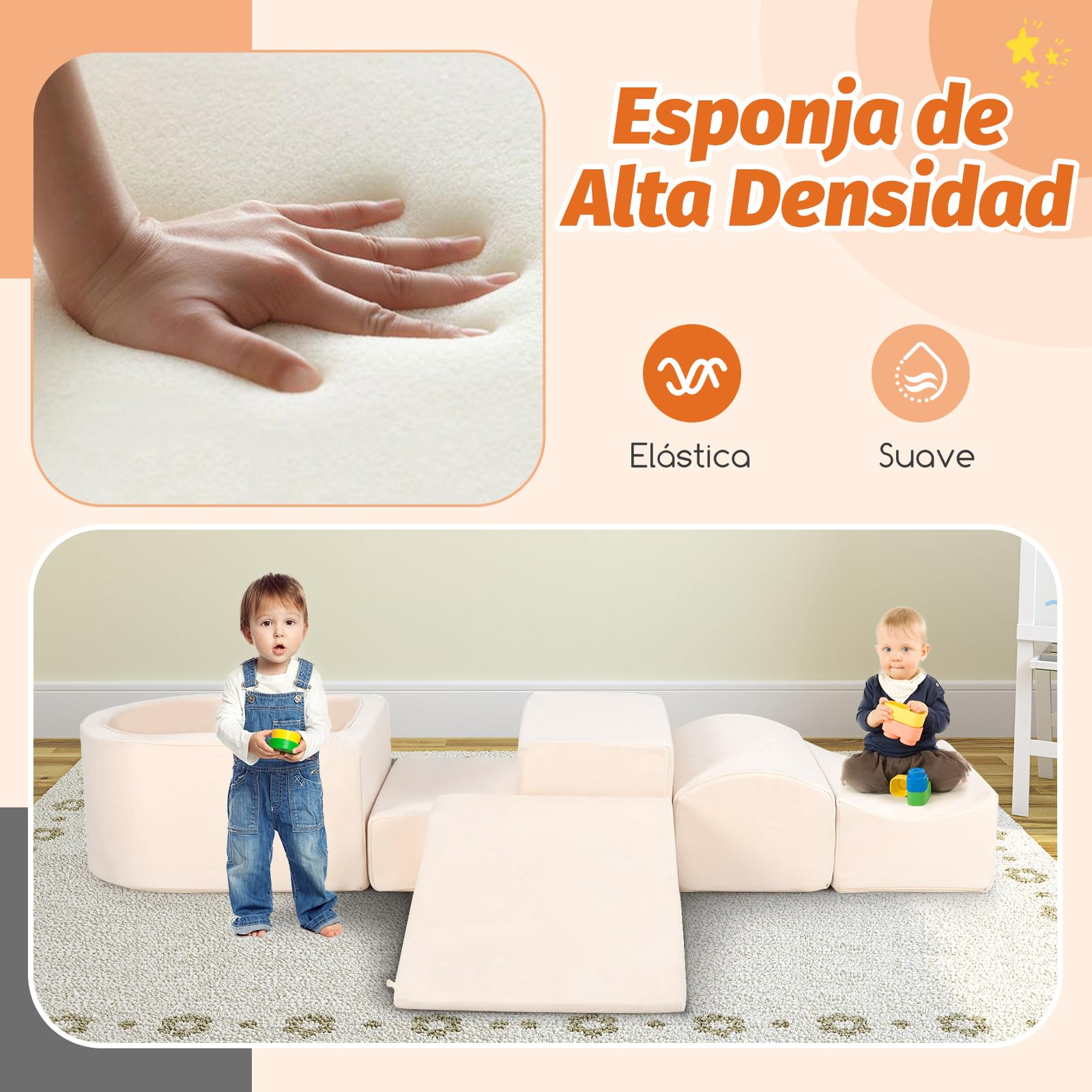 COSTWAY Juego de Escalada y Rampa de 5 Piezas, Bloque de Escalada con Piscina de Pelota Infantil, Funda Lavable a Máquina con Cremallera, Bloques de Construcción Creativos,Sin Pelotas de Mar (Beige) — view 4