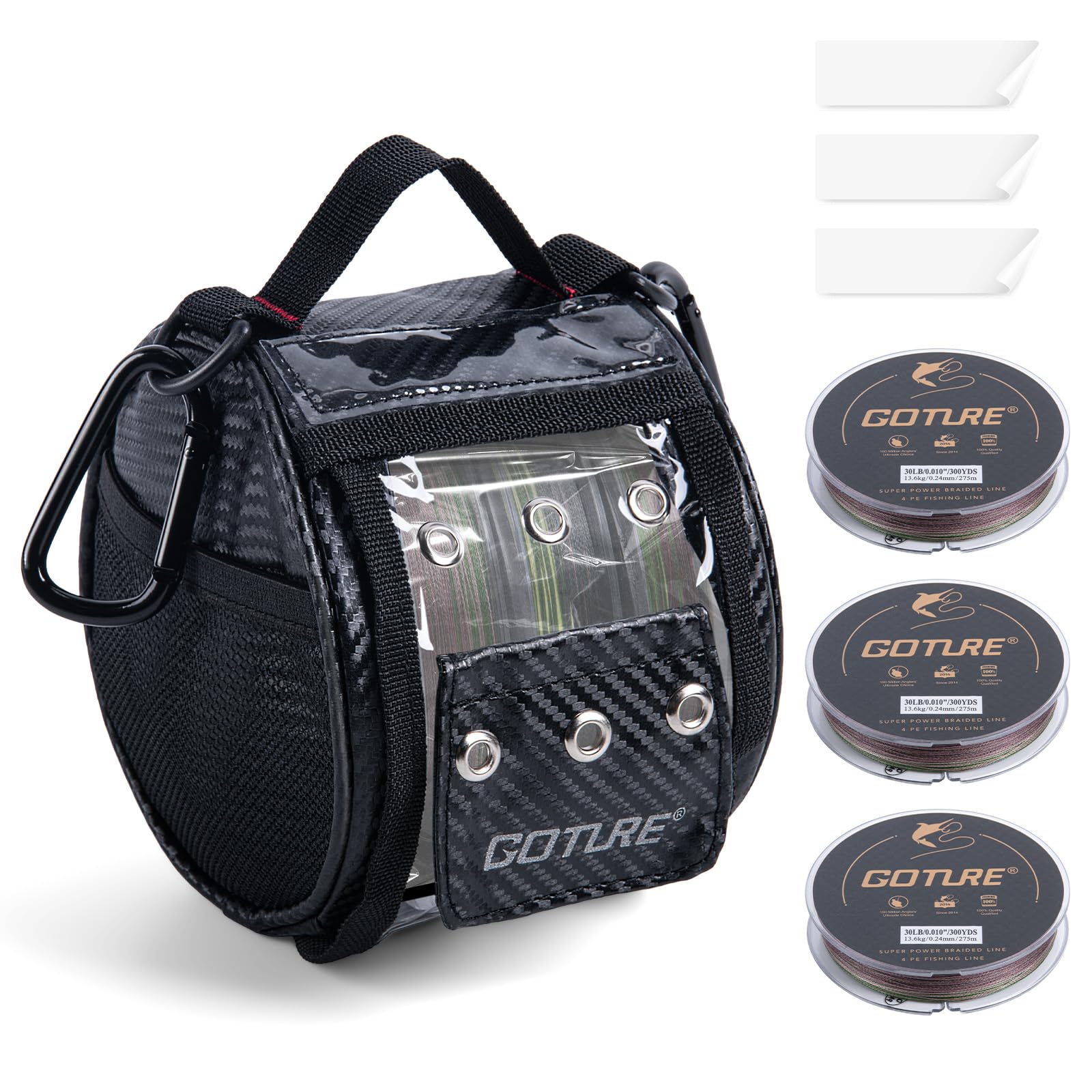 Goture 3/6 Outlet Holes Fishing Line Storage Bag, 2 Sizes Clear View Window Fishing Line Case, Removable Divider Fishing Line Organizer, Water-Resistant Surface, Tangle-Free Leader Line Spool Bag