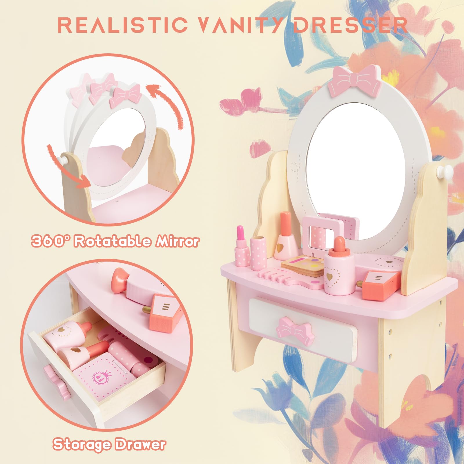 Tavolo Da Toeletta Per Bambine Rosa Con Specchio Girevole 360° - Cassetto E 7 Accessori Per Trucco, Legno - Foto 12