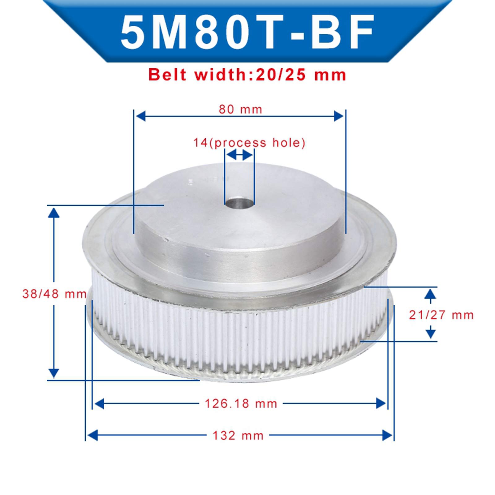 1 Pièce Poulie 5 Module 80/90/100 dents aluminium Poulie roue brute trou 12/14mm pour la largeur 20/25mm Courroie