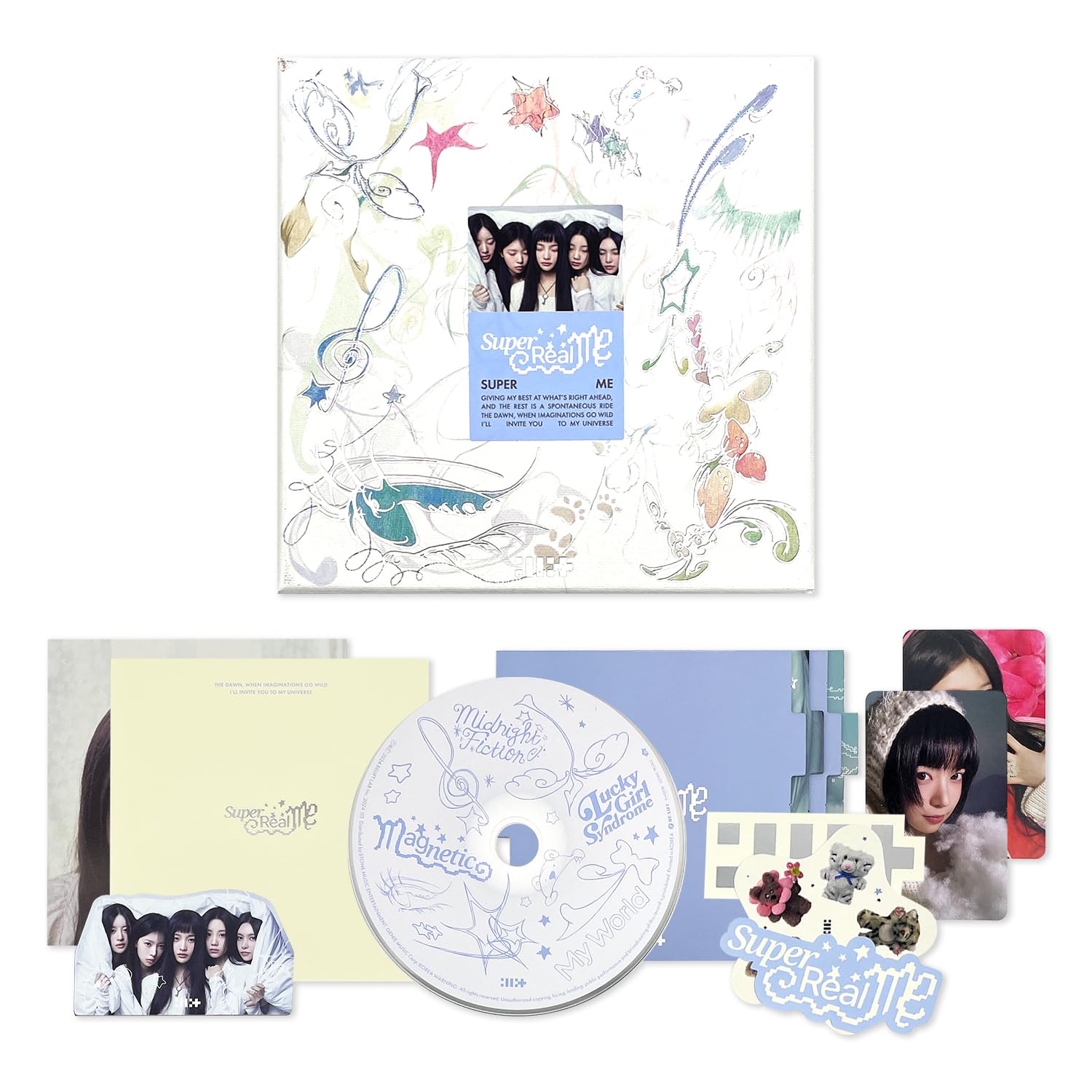 ILLIT - 1st Mini Album [SUPER REAL ME] (SUPER ME ver.) Photobook R + Photocard + Illit Logo Sticker + Album Logo Sticker + Sticker + Paper Magnet + Paper Ornaments + Poster With Lyrics