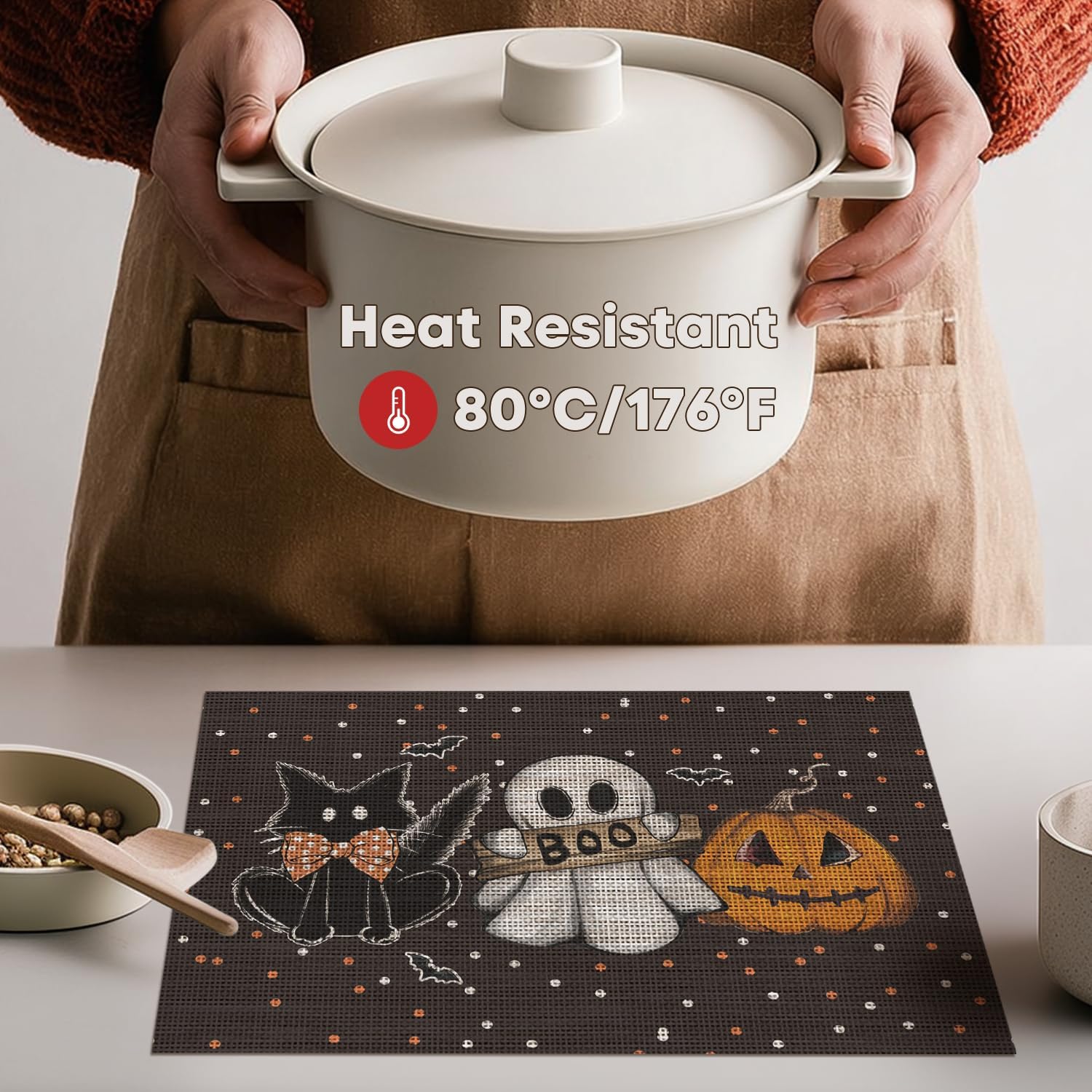 Artoid Mode Black Ghost Cat Halloween Vinyl Placemats Set of 4, Washable Heat Resistant Non-Slip Woven Plastic PVC Place Mats for Farmhouse Holiday Party Kitchen Dining Decor