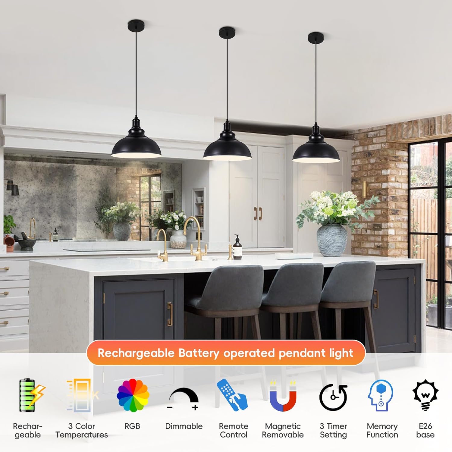 Black Battery Operated Pendant Lights 2 Pack, Modern Rechargeable Pendant Lighting with Remote, Pendant Light Fixtures for Kitchen Island, Industrial Hanging Lights for Dining Room Hallway Entryway