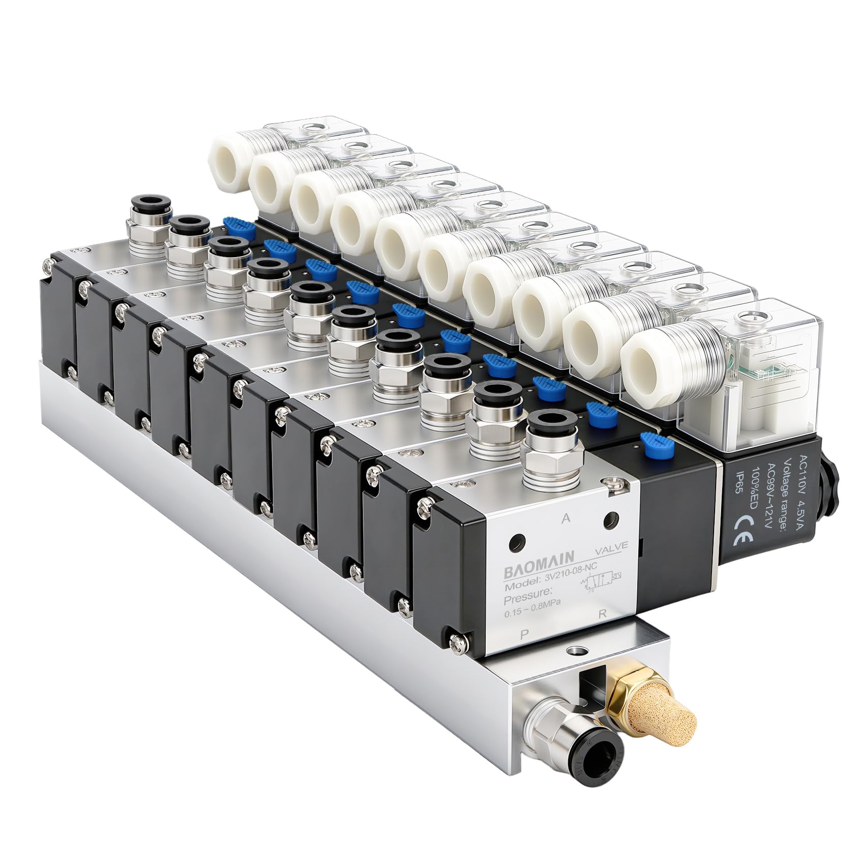Baomain Válvula solenoide neumática de 10 espacios 3V210-08 AC 110V PT1/4 2 posiciones 3 vías colector con silenciador de base, juego de accesorios rápidos