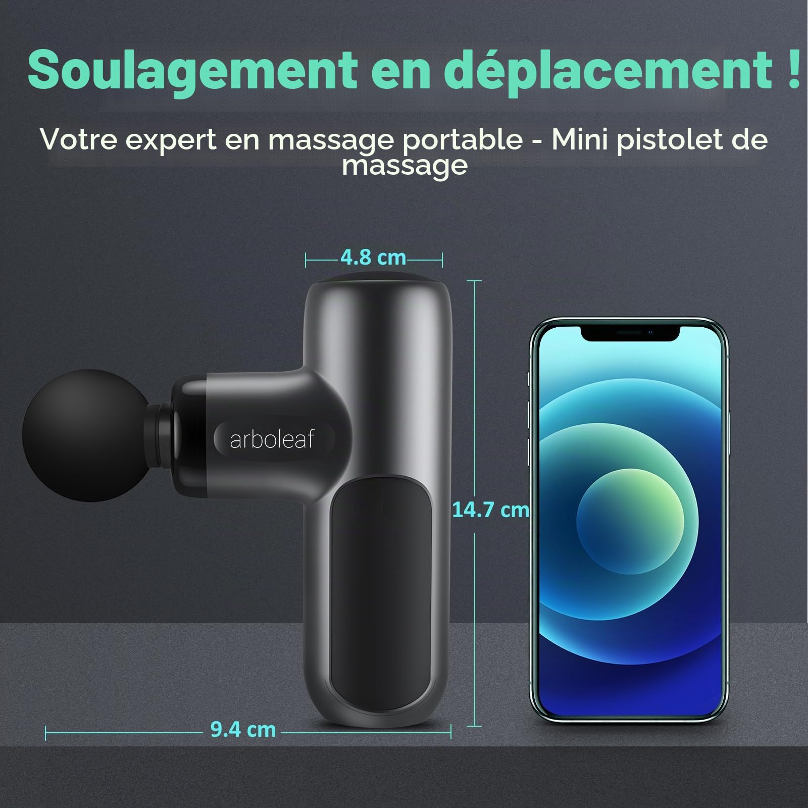 arboleaf Pistolet de Massage Mini, 0,39 kg 5 Vitesses et 4 Têtes de Massage | Pistolet Musculaire, 3200 rpm, Moteur Silencieux, Charge de Type C, pour la Maison, le Fitness et les Voyages