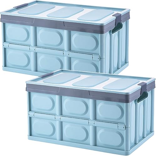 Contenedores de almacenamiento con tapa, paquete de 2 cajas de almacenamiento plegables de 30 L, caja de almacenamiento de plástico, contenedores