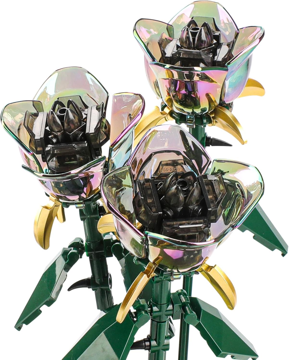 Three completed ZCOINS Phantom Eternal Flowers with iridescent petals and green stems, ready for display.