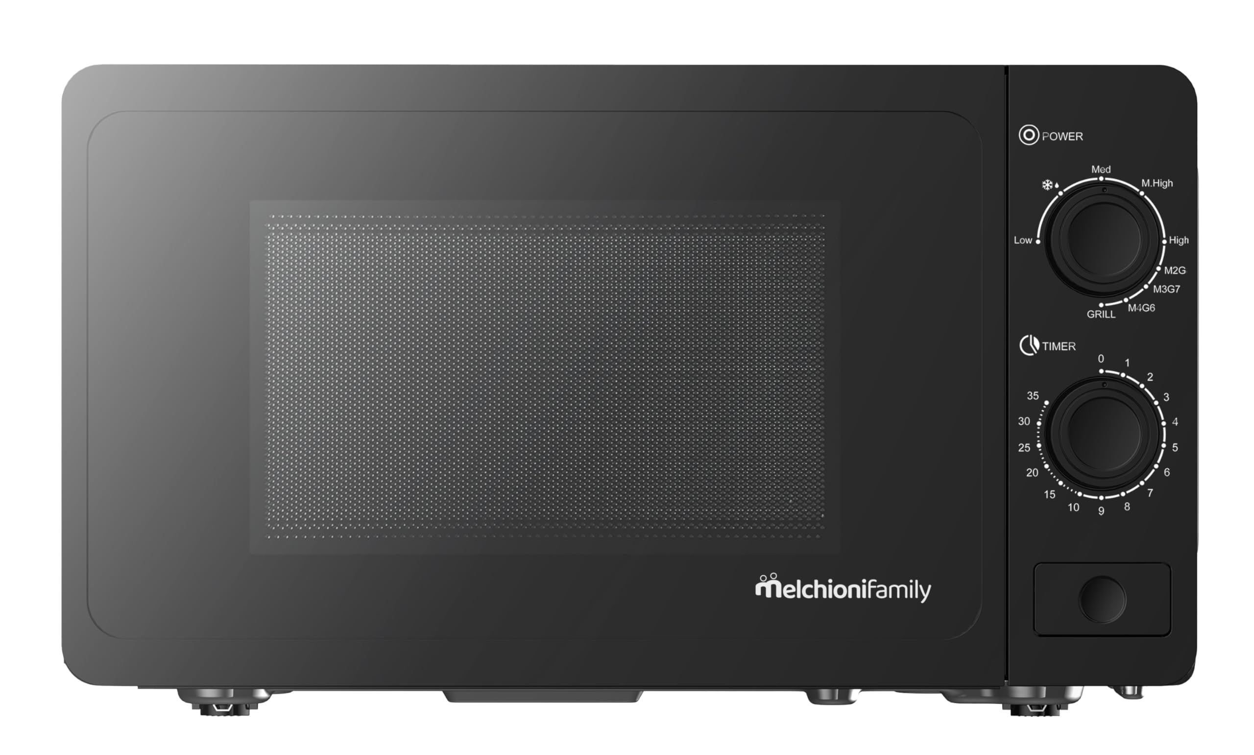 Melchioni Family Mikrofalówka 20 l z grillem - Fala - 800 W - Wymiary 46 x 32 x 26 cm - Timer 1–35 minut, szklany talerz i otwór z przyciskiem - czarna