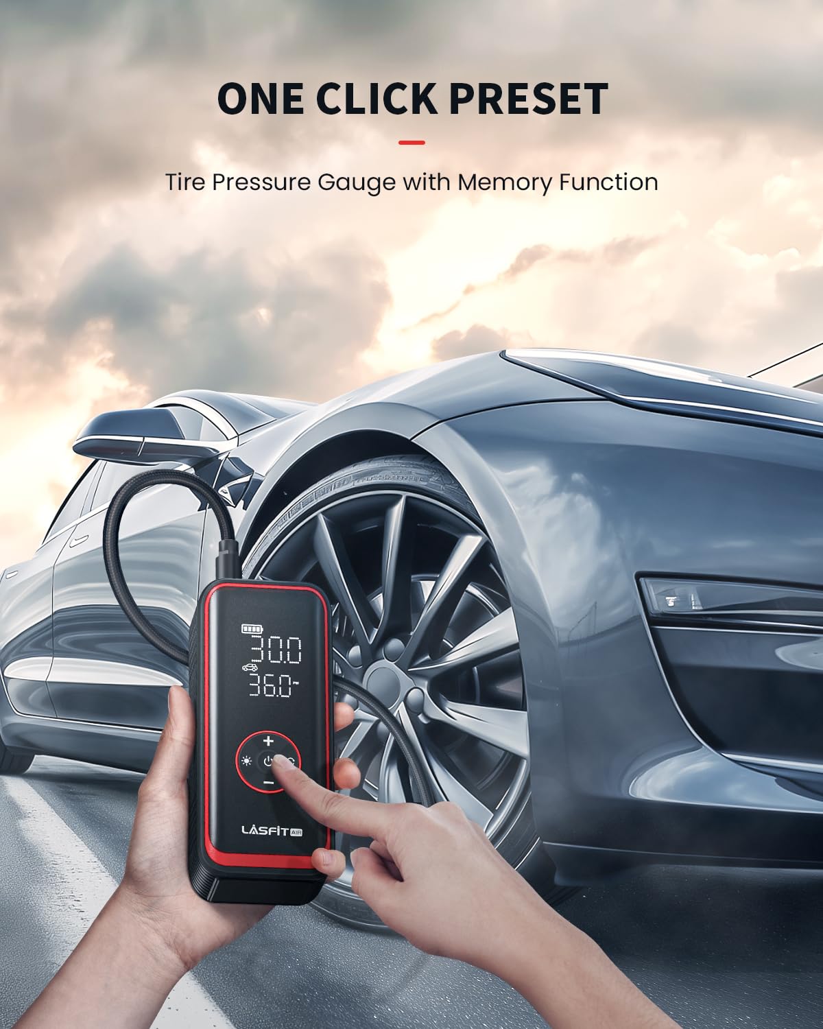 LASFIT TK1 Pro - Inflador de neumáticos portátil [5 veces más rápido] Inflador de neumáticos de 150 PSI, bomba de aire de 16000 mAH, funciona con pilas, para neumáticos de coche con medidor de presión