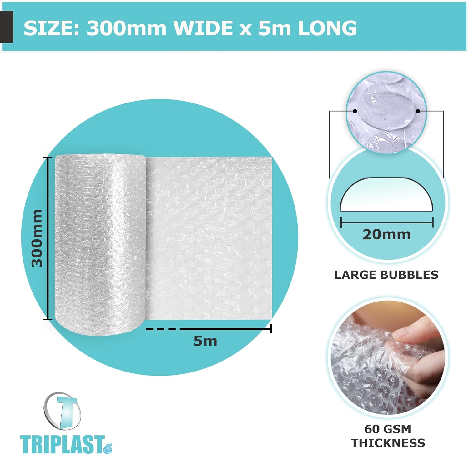 Triplast Large Bubble Wrap Roll (Pick Any Size) - Large 20mm Air Bubbles for Heavy Duty Protection - Cushioning Bubble Wrap for Moving House, Protective Packaging for Shipping & Storage (300mm x 5m)