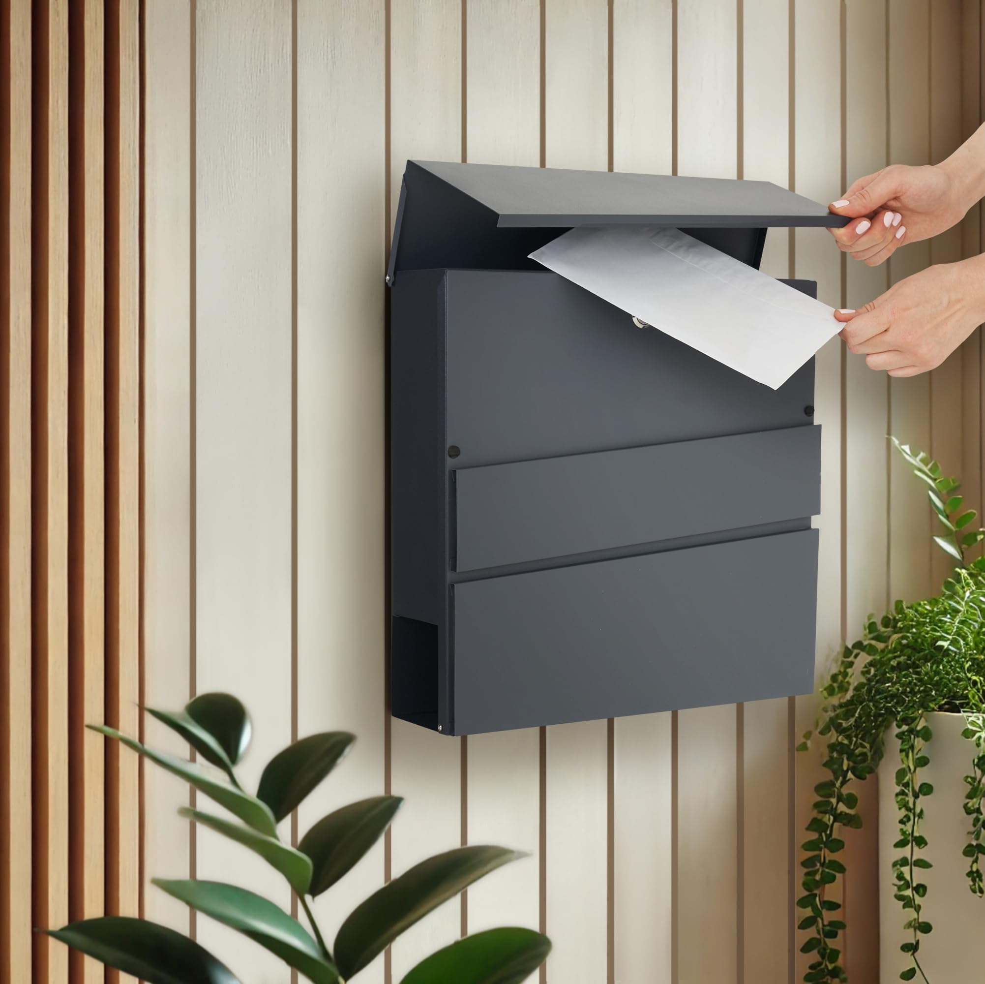 Assorted Collections Wall Mounted Post Box with Newspaper Holder, Lockable Mailbox with 2 Keys - Image 2