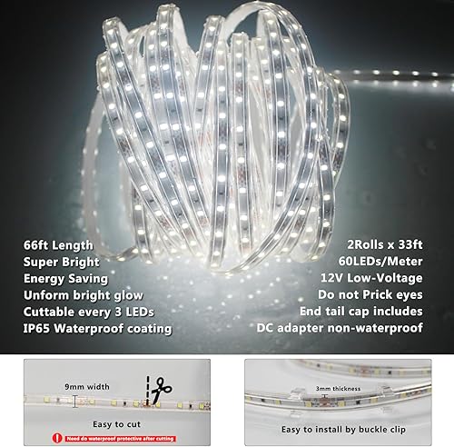 Miniatura 5 de Tira de luces LED para exteriores de 66 pies, impermeable, plana y flexible, tira de luces blancas con atenuación de brillo, tira de luces de 12 V