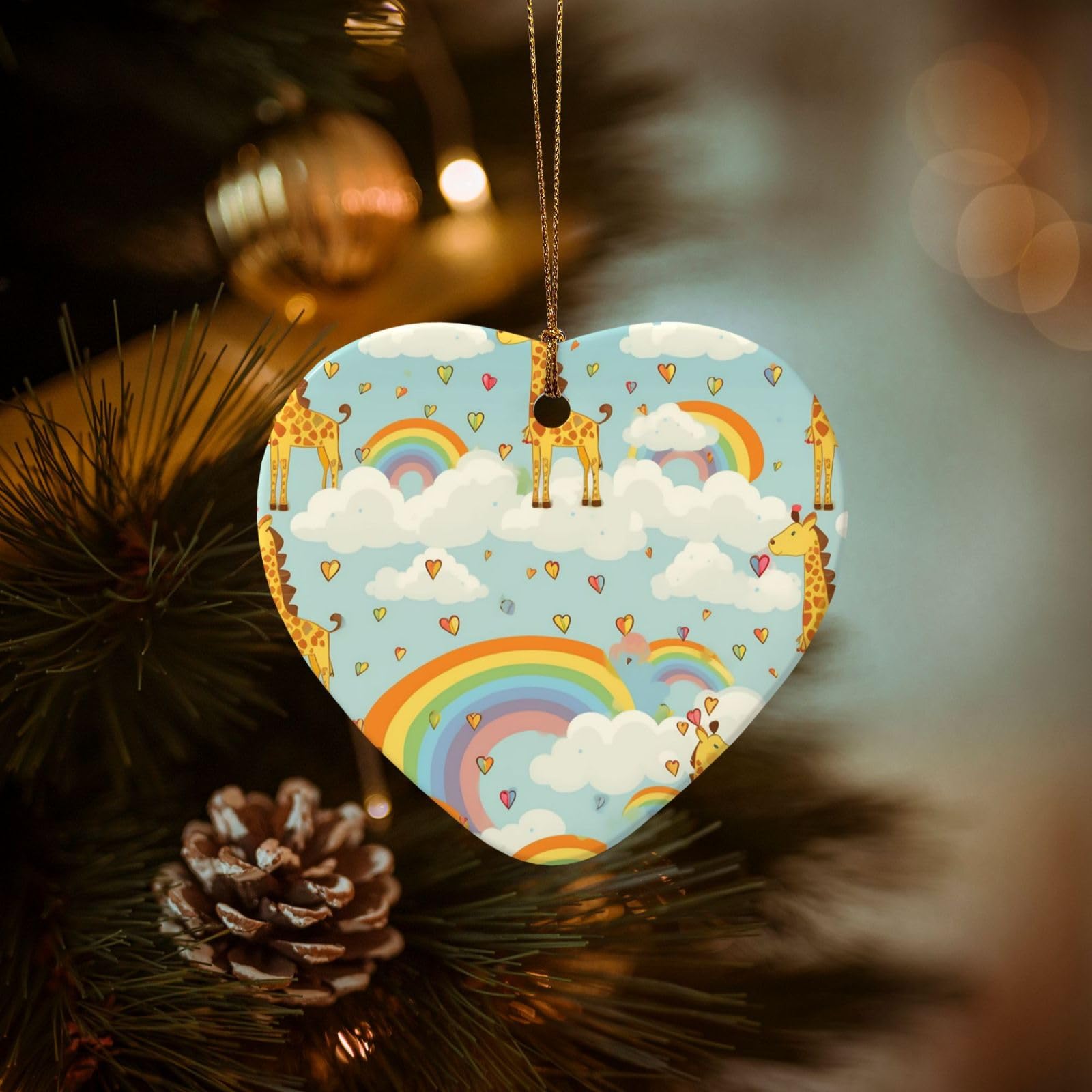 Christmas Tree Ornaments Ceramics Christmas Decorations Cartoon Giraffe Rainbow Clouds Ornaments with Gold Ribbon Porcelain Xmas Tree Crafts Heart Shape Hanging Pendant for Christmas Tree Party Decor