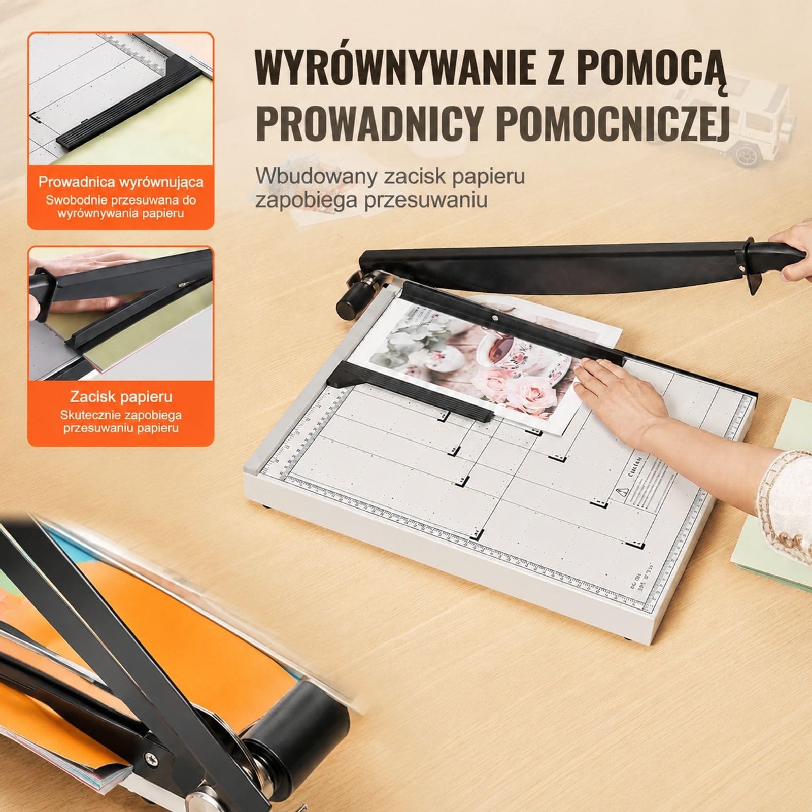 Ręczna gilotyna do papieru z dźwignią, pojemność 20 arkuszy, biało-czarna, szyna ochronna, blokada ostrza, do kartonu