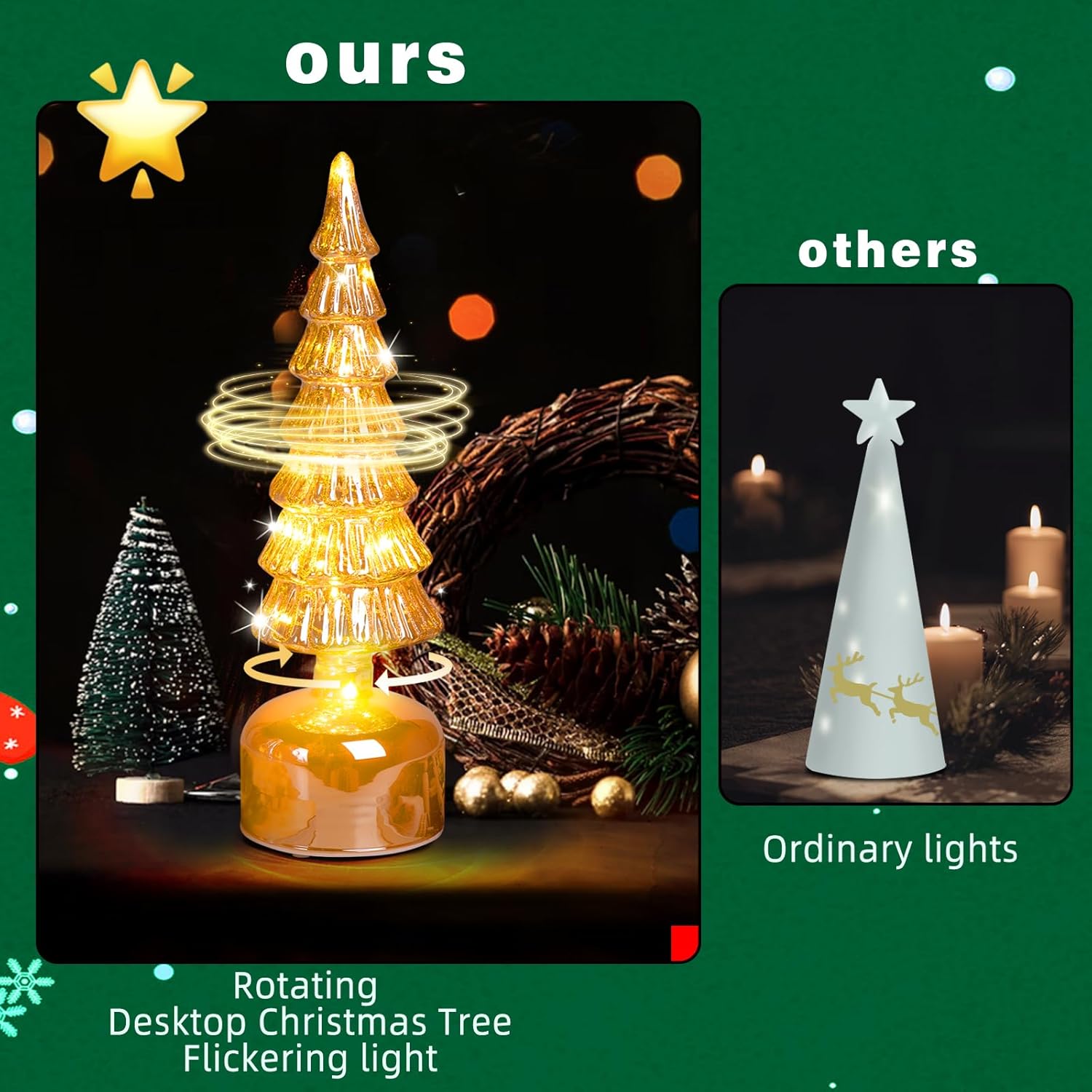 Glass Christmas Trees for Tabletop, Rotating Mercury Glass Christmas Tree Decoration, Sparkling Small Xmas Tree with Lights, Battery Operated Xmas Trees with Timer (Gold)