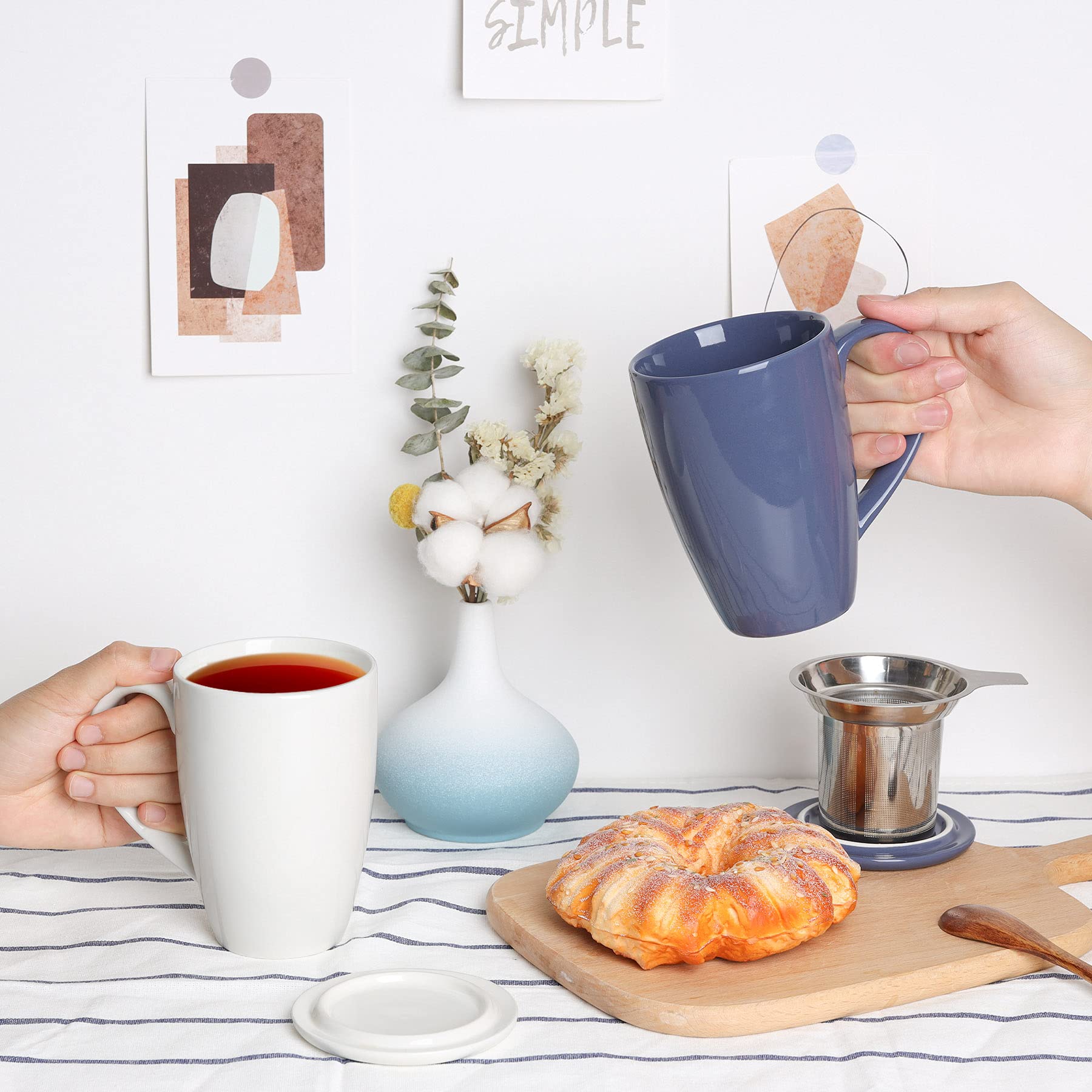 ComSaf Taza de té de cerámica con infusor y tapa, taza de porcelana grande de 16 onzas con filtro de té para hojas sueltas de té/bolsa de té, taza de té para oficina, hogar, color blanco