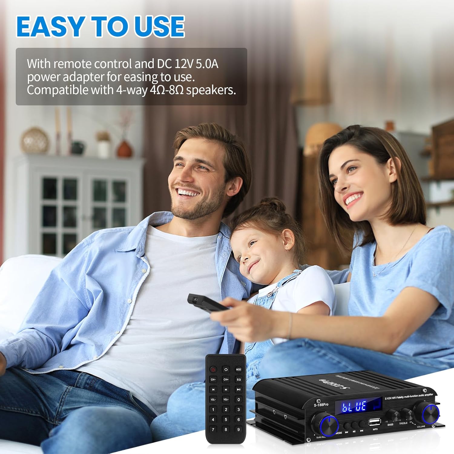 2.1 Channel Stereo Audio Amplifier,300Wx2+360W Home Audio Bluetooth 5.0 Stereo System, USB/AUX Input, Bass Treble & Subwoofer Control, Remote Control, for Home Theater, TV, Speakers